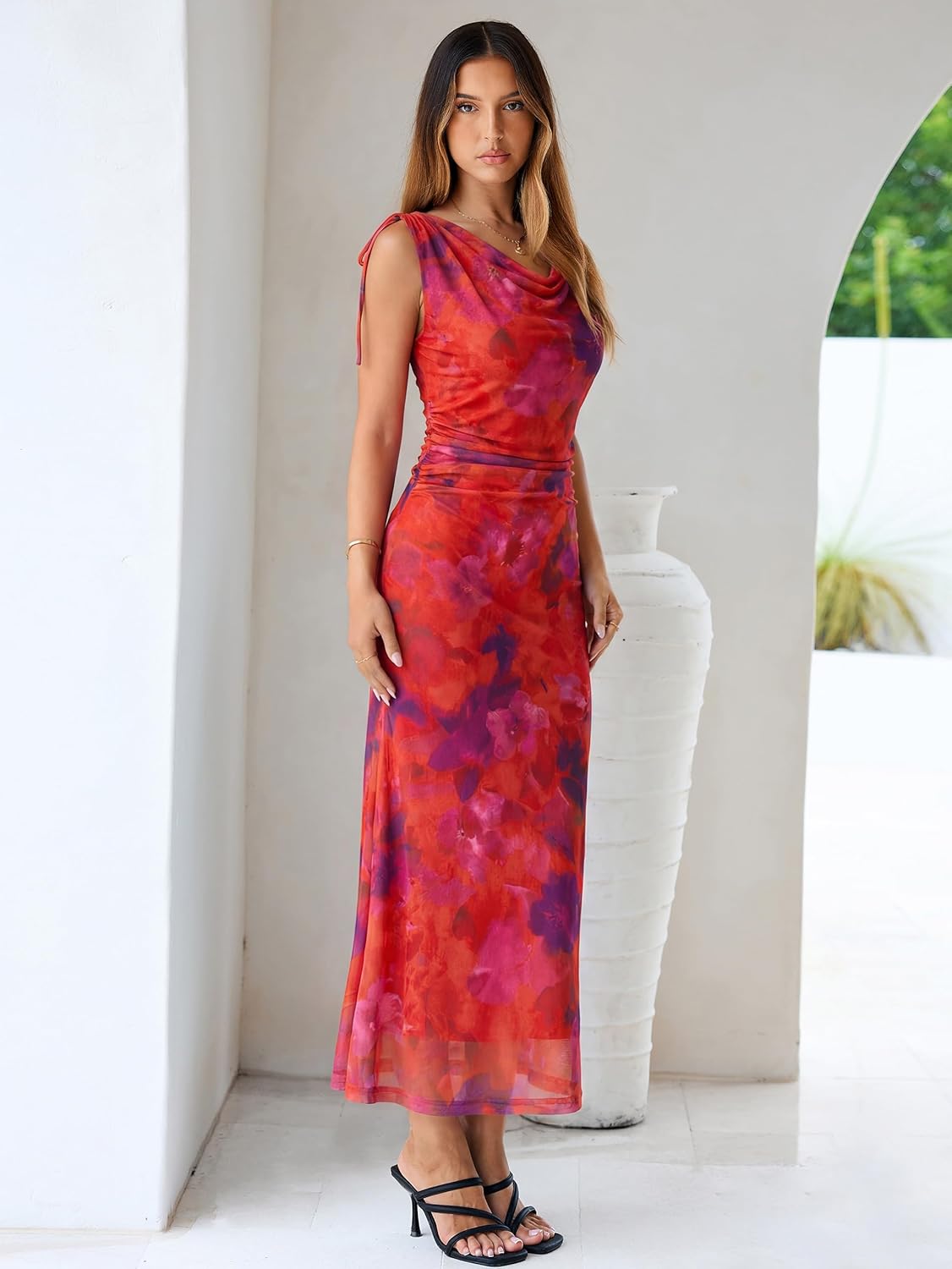 Simplee Womens Summer Wedding Guest Dress Floral Mesh Bodycon Maxi Dress Sexy Sleeveless Ruched Party Long Dresses