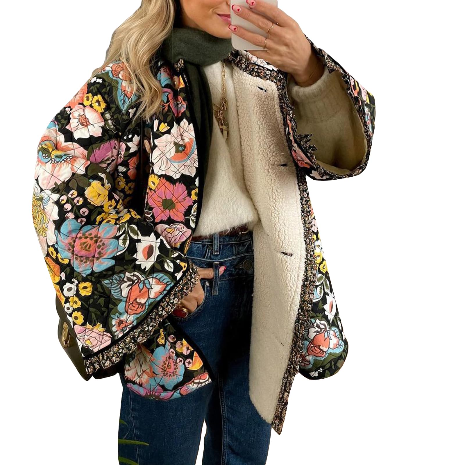 FULA-baoWomen's Loose Quilted Jacket Y2k Floral Print Button Down Long Sleeve Lightweight Padded Coat Winter Warm Outwear