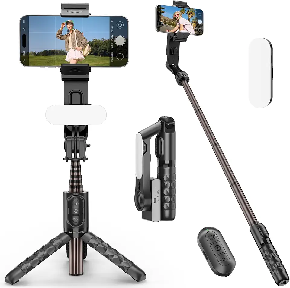 KOSCHEAL Estabilizador Celular, Gimbal para Celular 1 Eixo com Luz de Preenchimento e Controle Remoto, Rotação 360° para Android e iPhone, Ideal para YouTube, TikTok e Vlogs