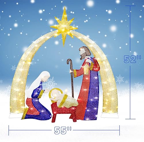 Miniatura 2 de DROFELY Belén de 52 pulgadas para exteriores, decoración iluminada con 120 luces LED blancas cálidas, decoración de árbol de Navidad AZ21JH-013N