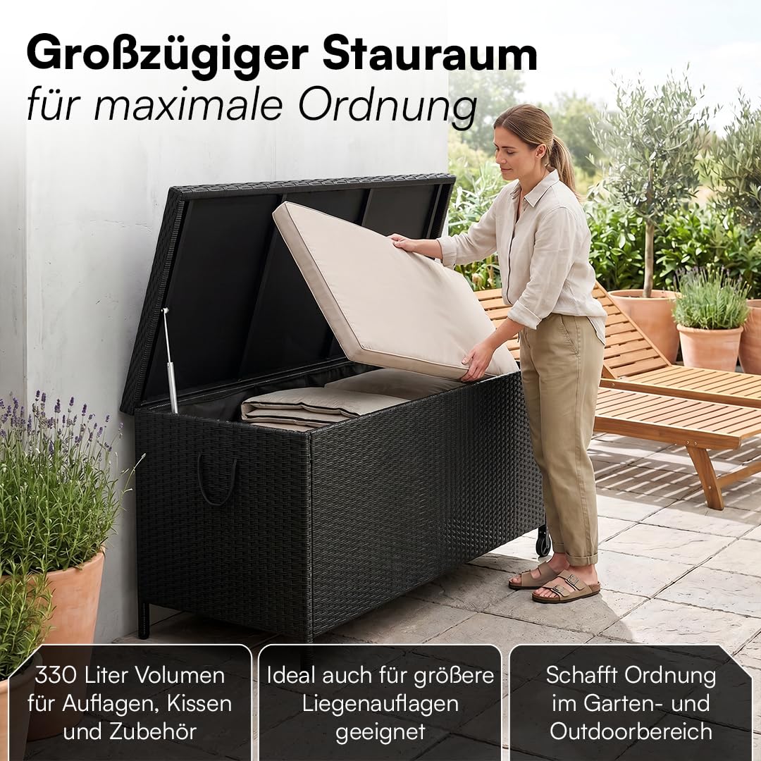 STEELSØN Serion Gartenbox mit Rollen schwarz – Rattan Aufbewahrungsbox Klappdeckel – Outdoor Auflagenbox mit Griffen – Aufbewahrungskiste wetterfest – Gartenkiste Stahlgestell – Kissenbox 140x62x61cm