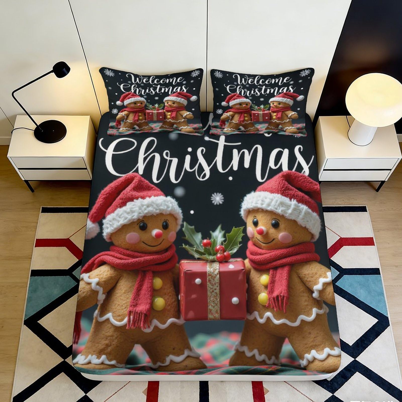 3D Printed Gingerbread Christmas Fitted Sheet Microfiber Soft Decorative Gift Bed Cover for Bedroom Guest Room 90x200x25cm