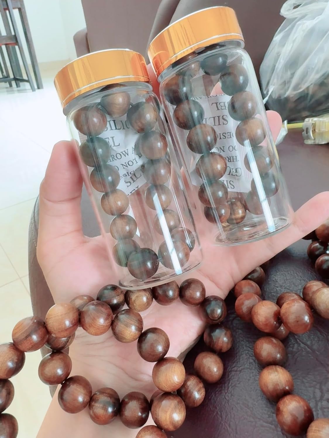 Asia Sandalwood mala Prayer Beads Bracelet with Glass Bottle, Handmade Natural Wood Bracelet for Gift – Real Fragrant Wood – Rare Natural Aroma 14mm - Image 7