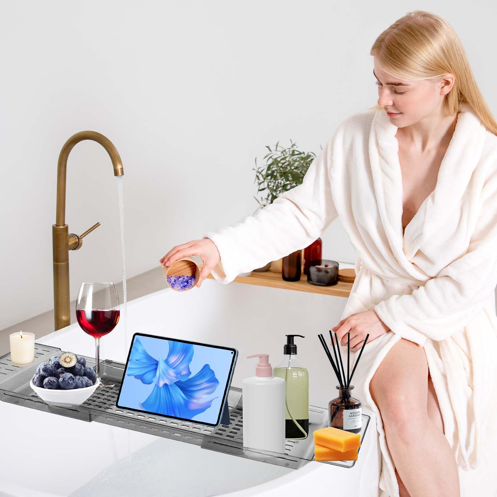 Bandeja Bañera, Bandeja para Bañera Extensible, Bandejas para Bañeras con Diseño de Desagüe, Bandejas Baño Ajustable para Vela, Libro, Vaso, Teléfono y Tableta (Transparente)