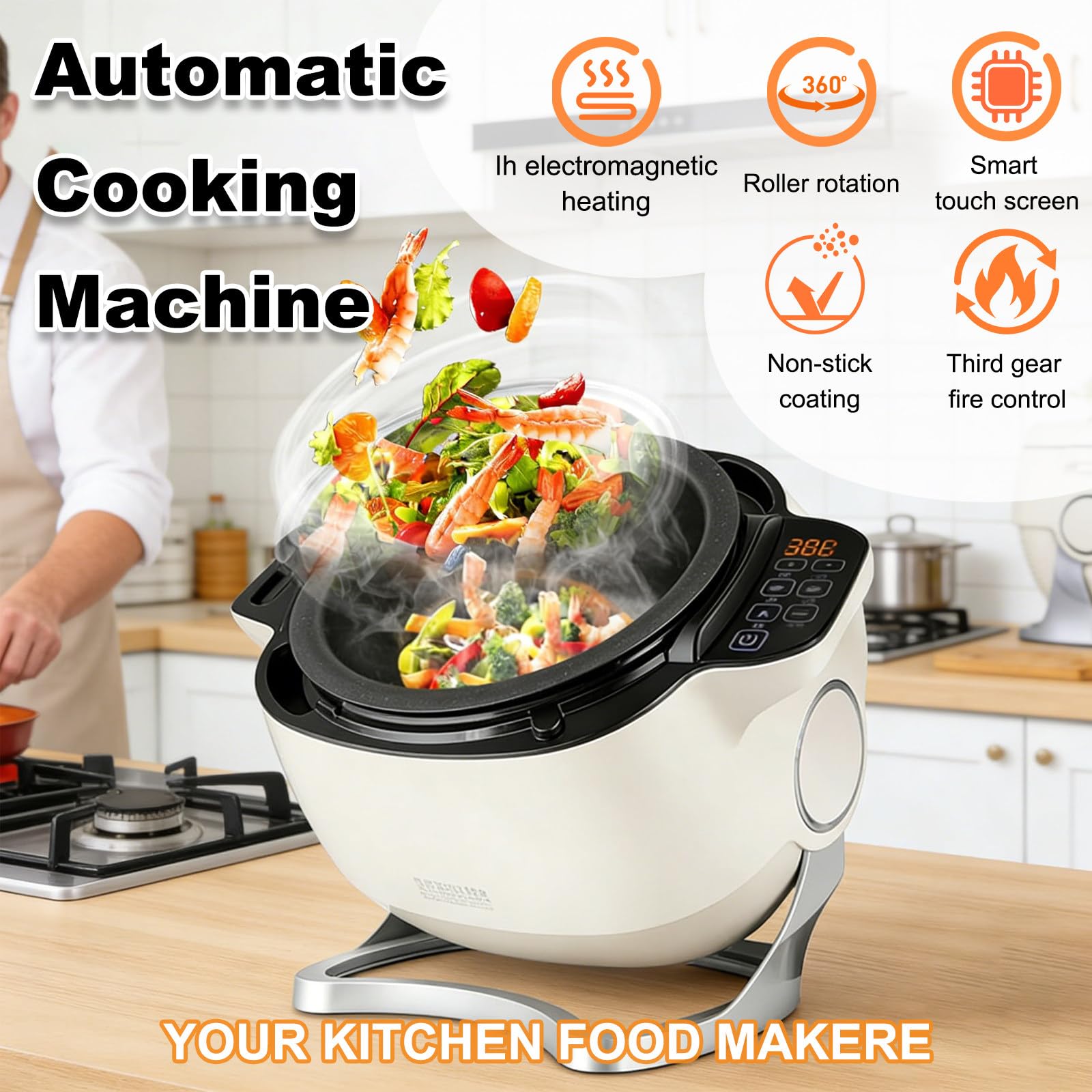 Automatyczna maszyna do gotowania, robot kuchenny 2000 W, obracany o 360°, pojemność 6 l, programowalny robot kuchenny z 3 prędkościami, do smażenia, duszenia i przygotowywania zup