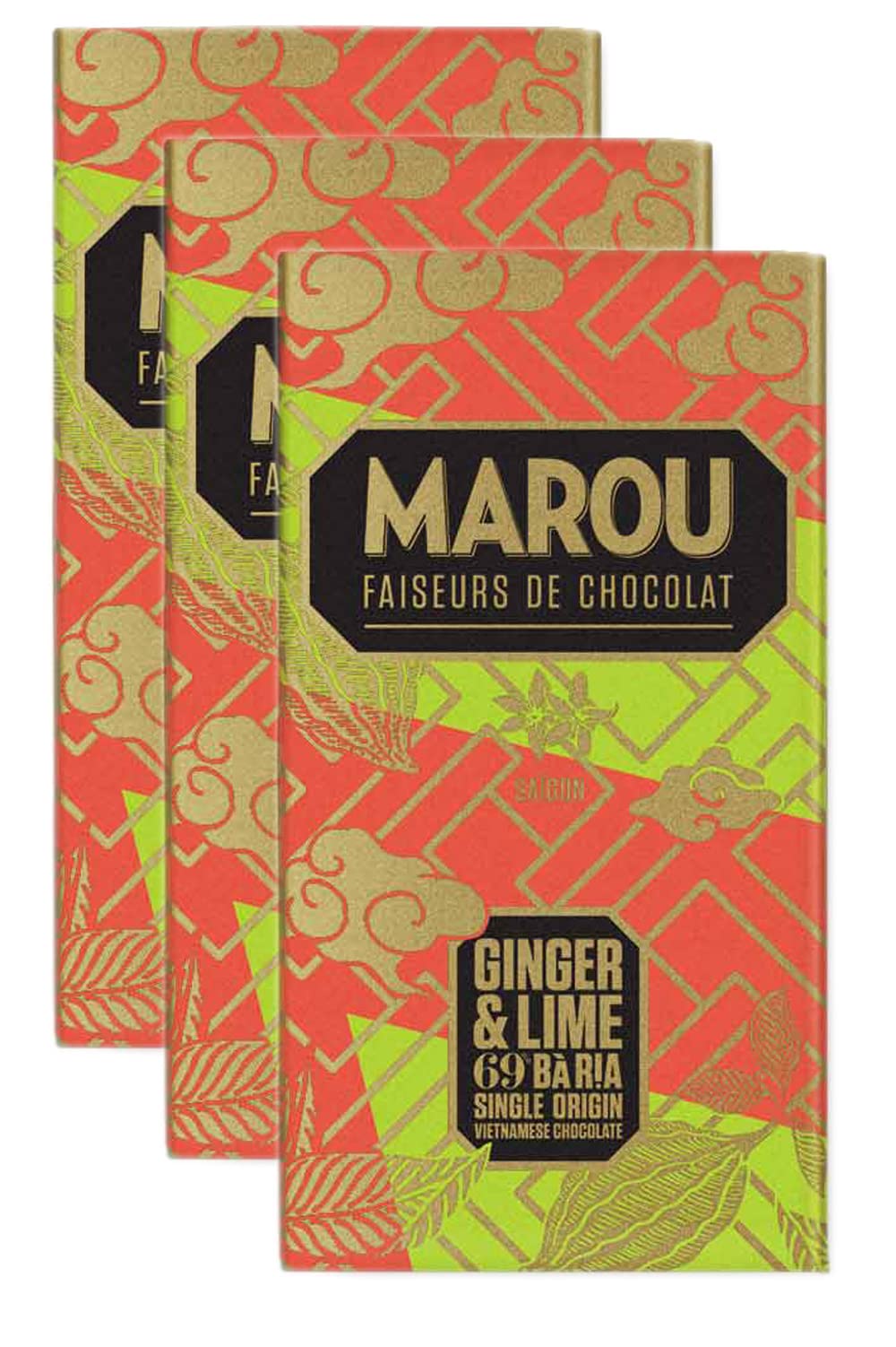 Marou Origin Plus Ba Ria Ginger Lime 69% Cacao Dark Chocolate 3-Pack | Vietnam Single Origin, Dairy Free, Gluten Free, Soy Free | 3 x 80g Bar