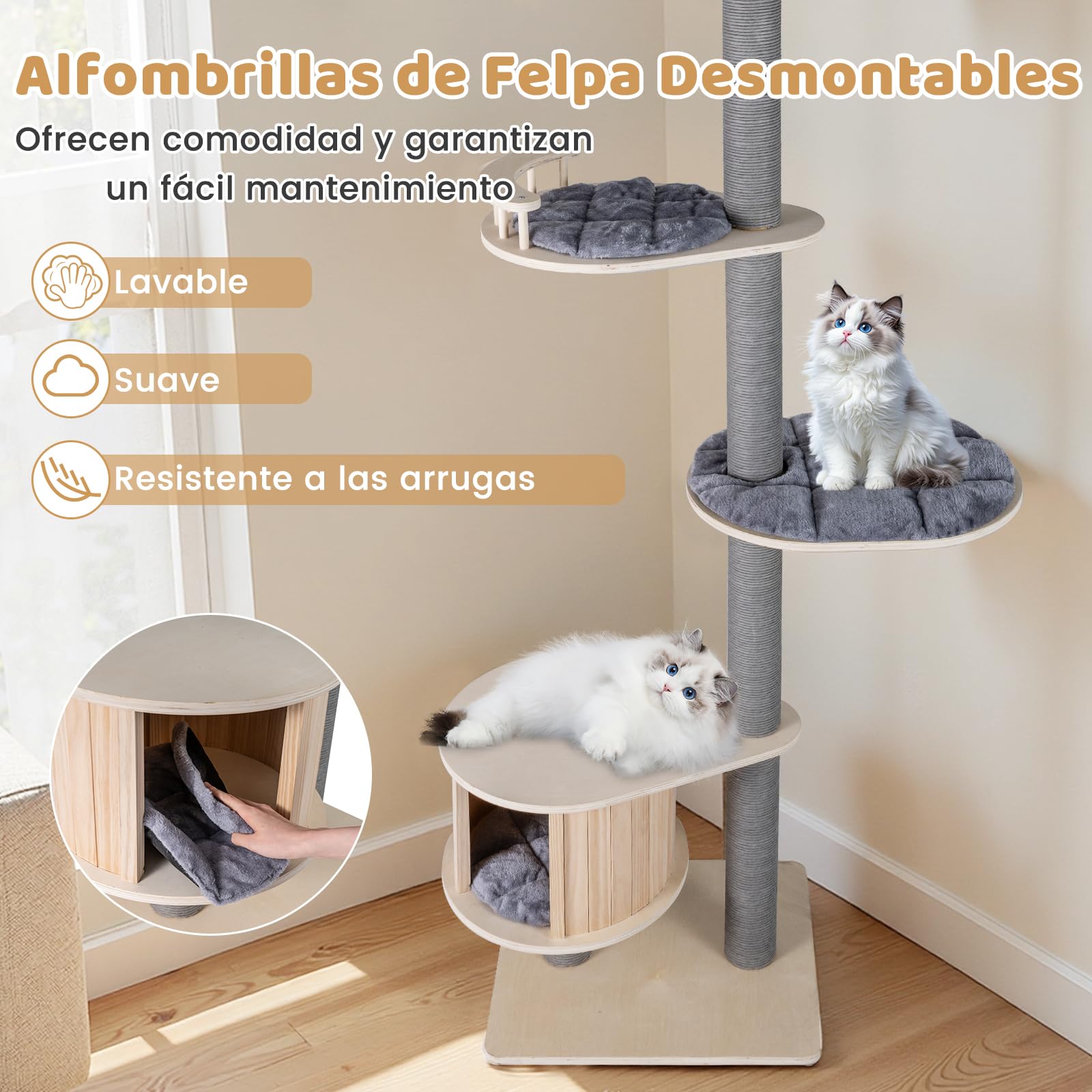 COSTWAY Árbol Rascador para Gatos de 236-271 cm Ajustable en Altura, Árbol para Gatos de Suelo a Techo con Percha, Condominio, Postes Rascado, Plataformas y Cojines, Torre Gato Alta de 5 Niveles, Gris