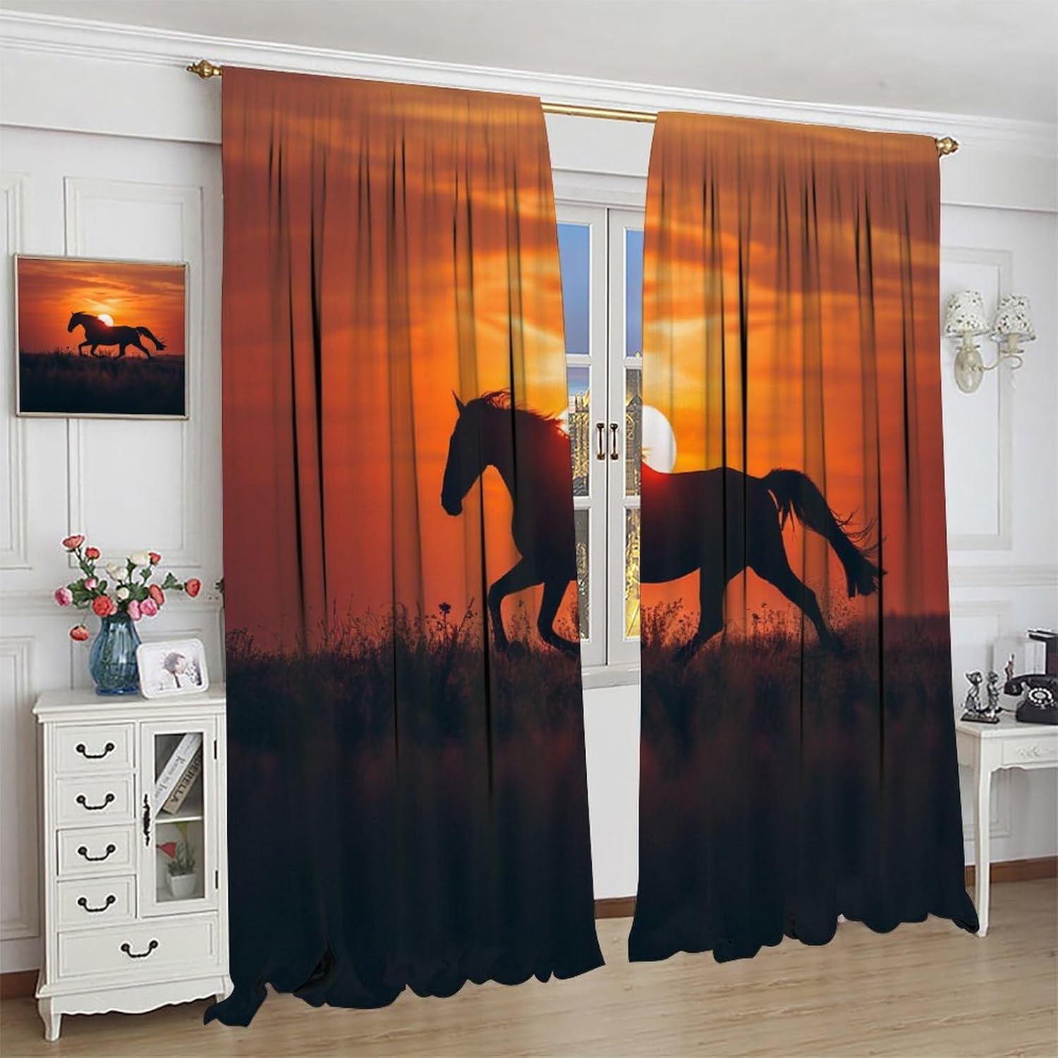 Running Horse Curtain, Western Wildlife Horse Theme, Sunset Beautiful Horse in The Prairie Theme Room Blackout Curtain, Rod Pocket 2 Pieces 42x45in, Style-5