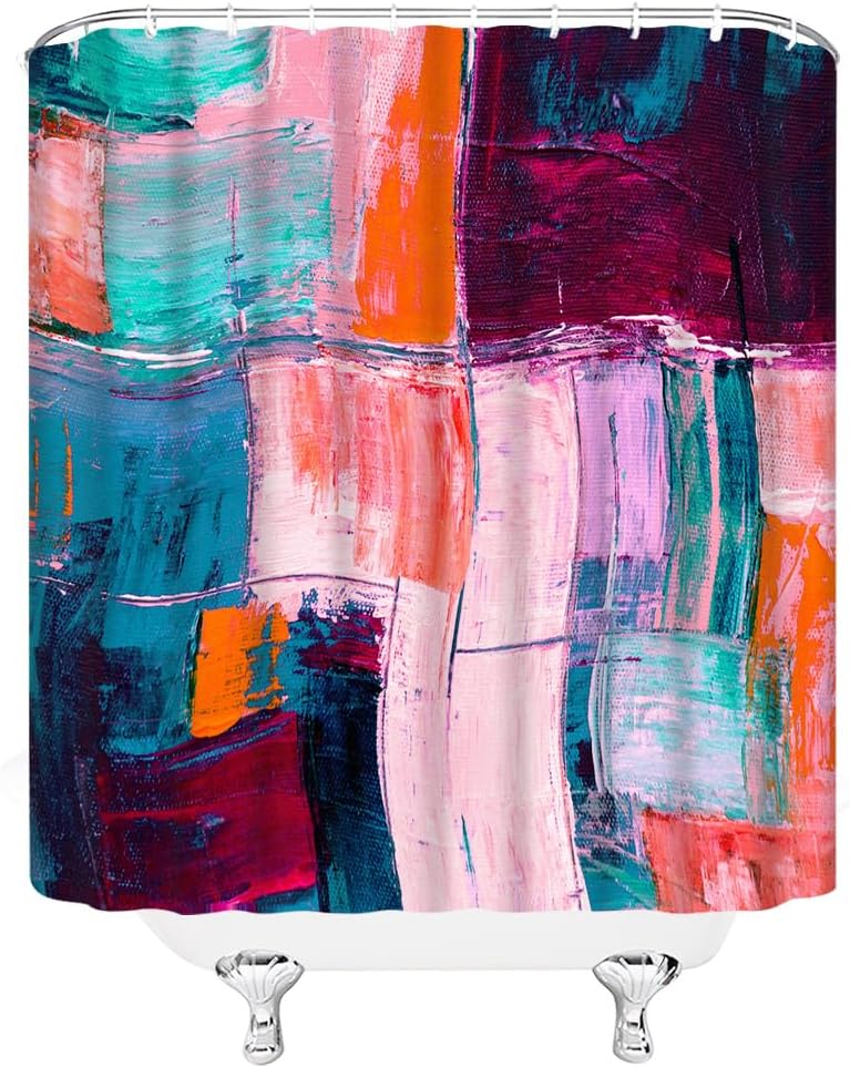 GCTNBJL Pink Blue Turquoise Shower Curtain Burnt Burgundy Teal Blush Abstract Brushstrokes Style Oil Painting Modern Art Bathroom Decor Fabric Curtain with Hooks