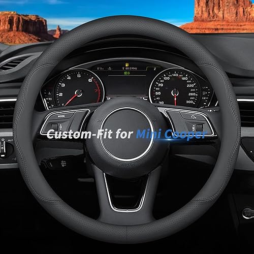 Funda de cuero prémium a la medida para volante de automóvil con el logotipo de la marca transpirable, antideslizante, diseñada para accesorios Mini