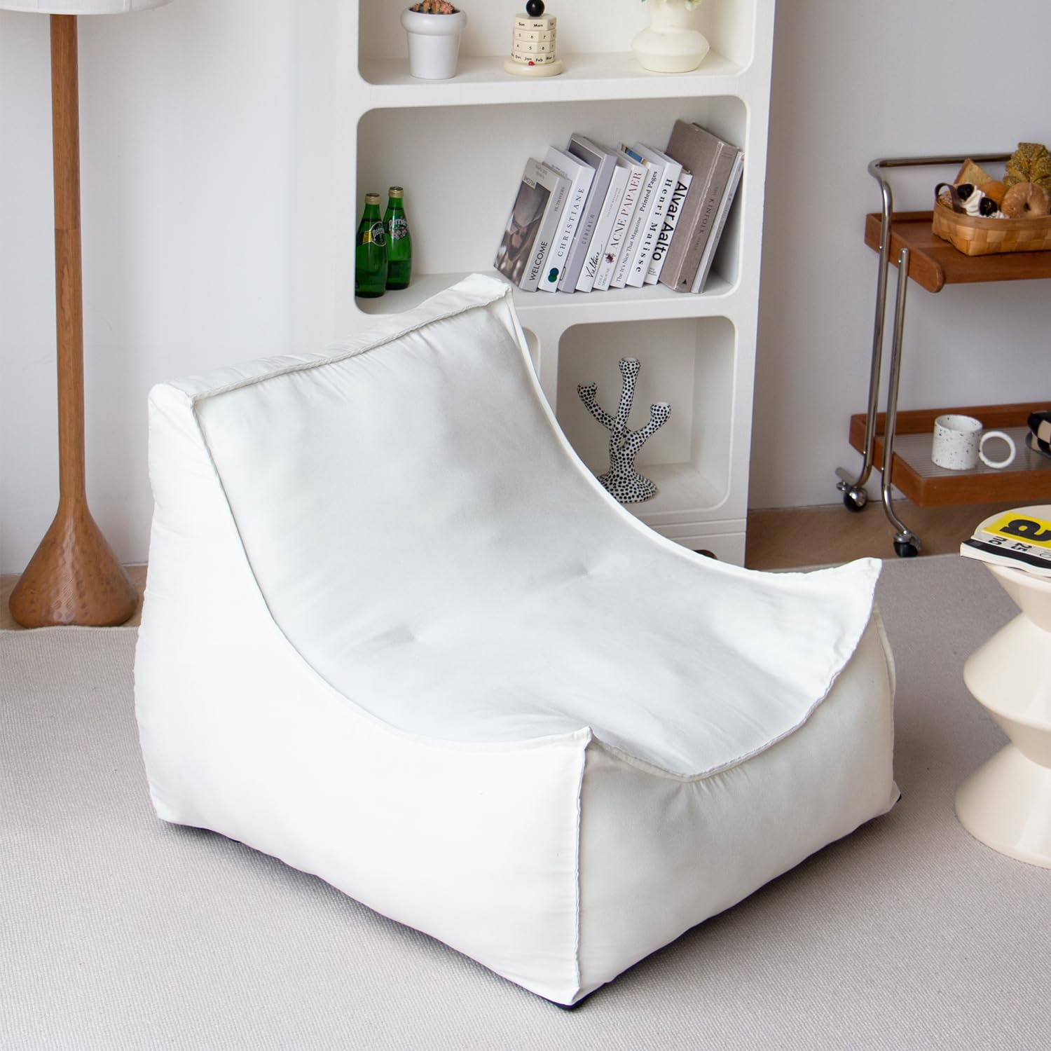 N&V Single Seated Foam Filling Floor Sofa, High Density Foam Bean Bag, Faux Chamois Cover, Removable and Machine Washable Cover (White)