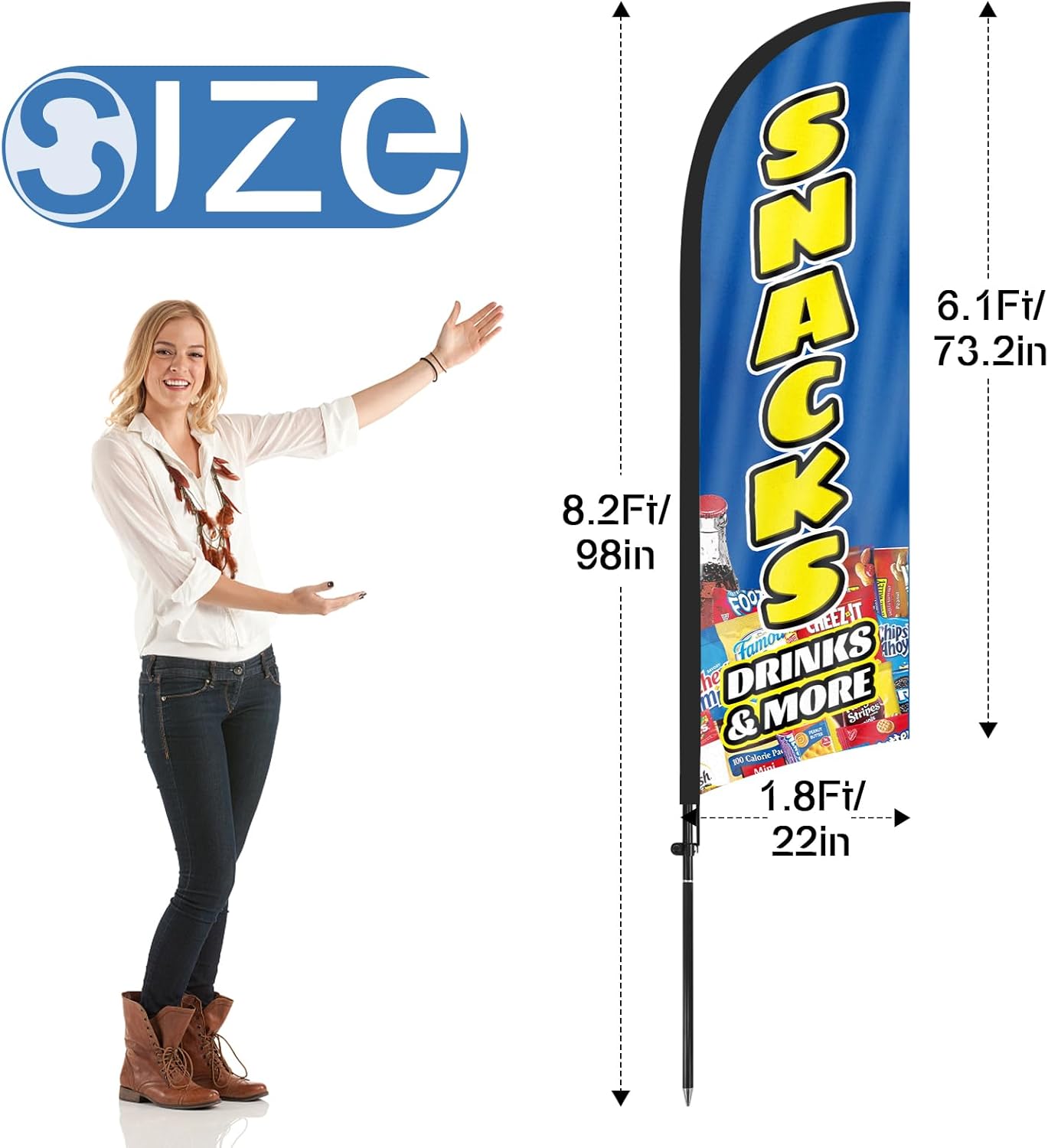 Snacks Advertising Swooper Flag Banner, Snacks Feather Flag with Flag Pole and Ground Stake, Advertising Feather Banner Sign for Snacks Business 8Ft