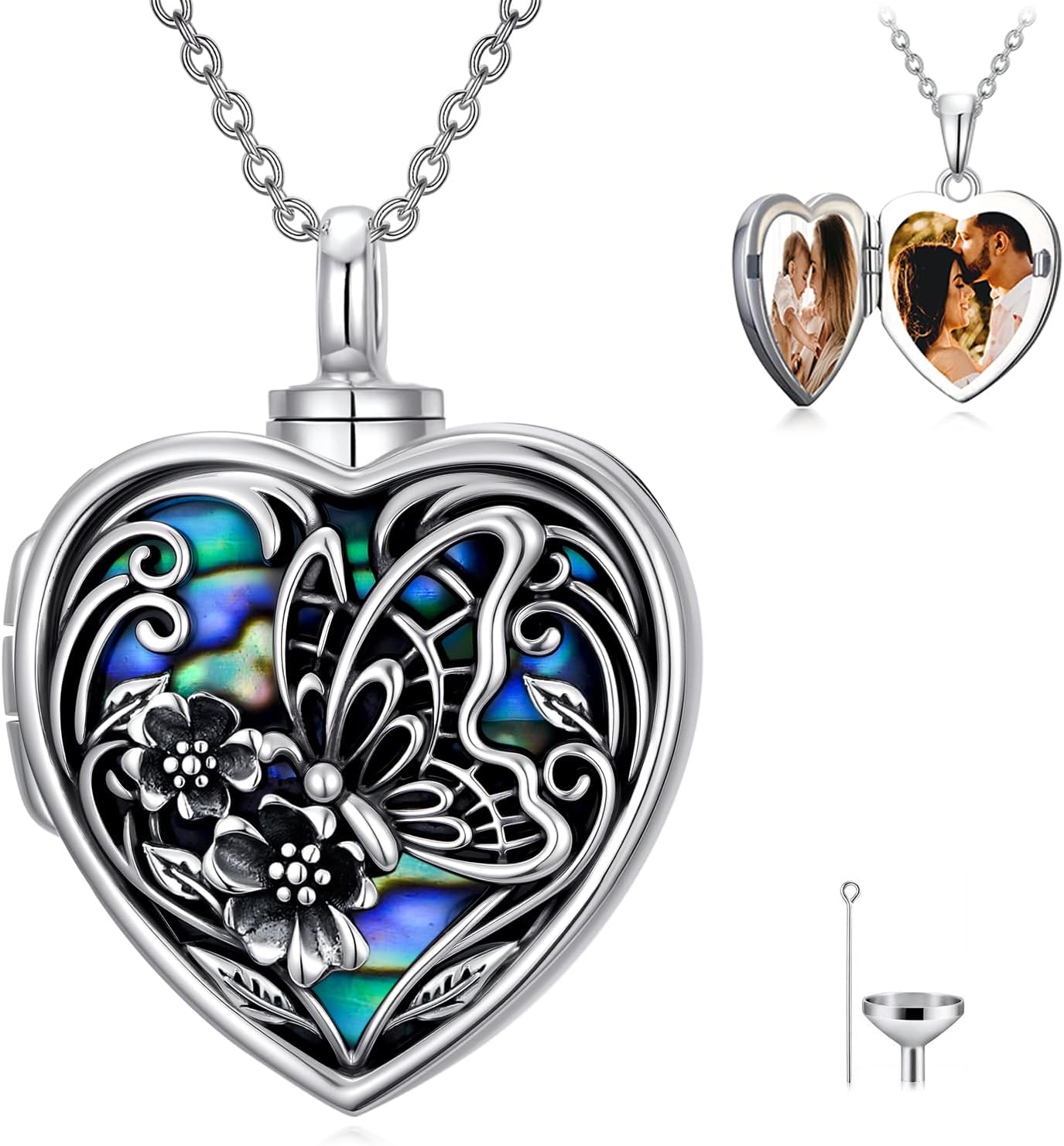 TOUPOP Heart Urn Locket Necklace for Ashes and Pictures 925 Sterling Silver Locket Cremation Jewelry with Abalone Shell Keepsake Memorial Gifts for Women(That Holds Pictures and Ashes)