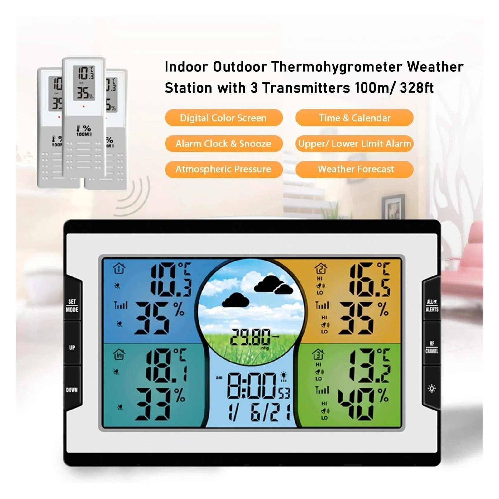 Termohigrometr Cyfrowa Stacja Pogodowa Z Czujnikami Zdalnymi Z 3 Czujnikami Monitor Temperatury I Wilgotności Budzik Z Drzemką Termohigrometr