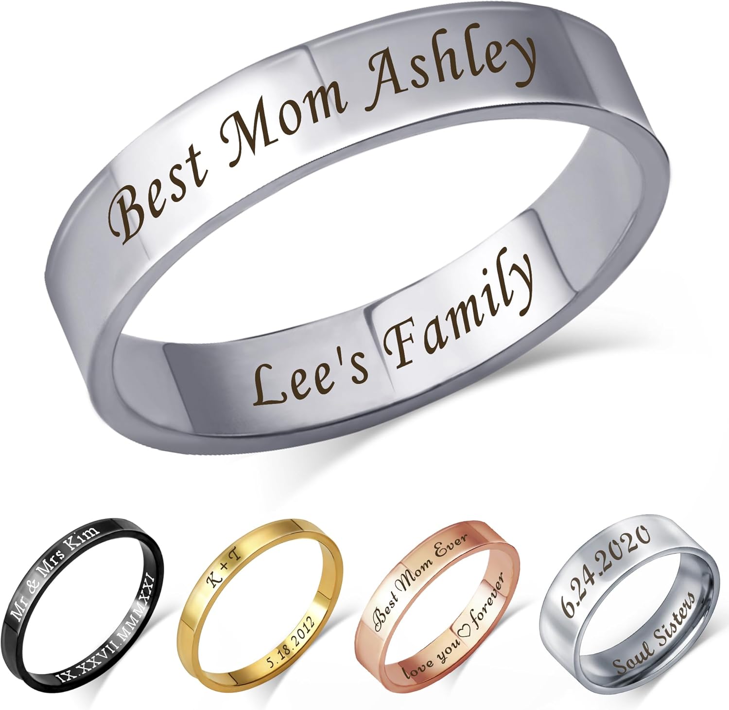 Anavia Personalized Name Date 2.5MM/4MM/7MM Stainless Steel Rings, Customized Message Dainty Plain Bands Glossy Gold Black Rings, Wedding Engagement Rings for Women Men