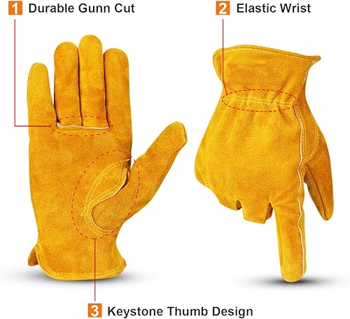 Miniatura 3 de OZERO Guantes de trabajo de piel de vaca con agarre flexible para cortar madera, construcción, conducción de camiones, jardínpatio para trabajo para