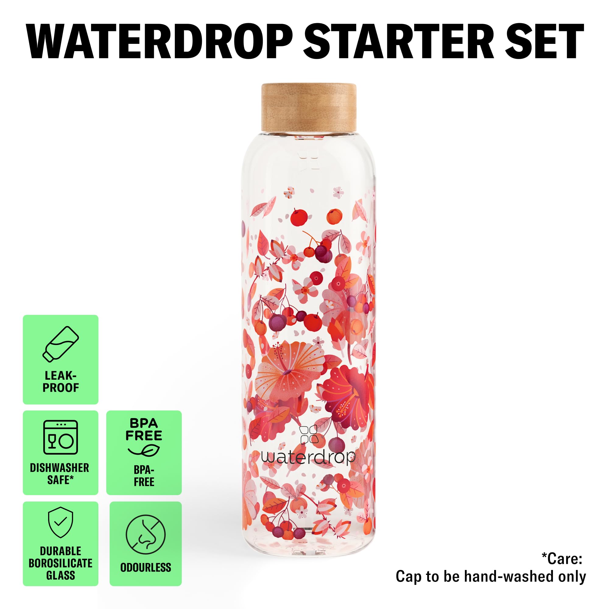 waterdrop Szklany Zestaw Startowy Butelka ze Szkła Borokrzemowego 600ml + 18 Bezcukrowych Kostek Microdrink Smaki
