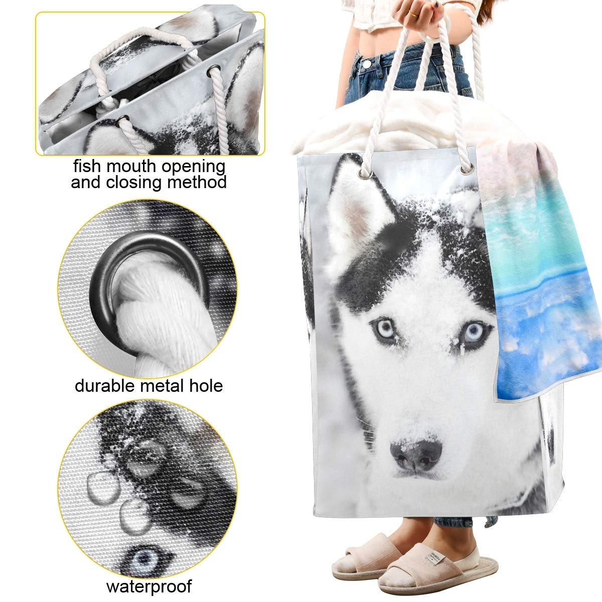 Großer Wäschesack mit Husky-Motiv, freistehend, faltbar, mit Tragegriffen