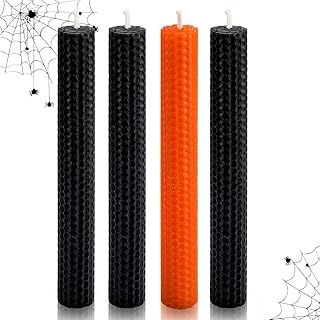 DEYBBY Natural Beeswax Taper Candles,Honeycomb Hand Rolled Beeswax Candles, Dripless and Smokeless, Set of 4 Flat Top(Black Orange)