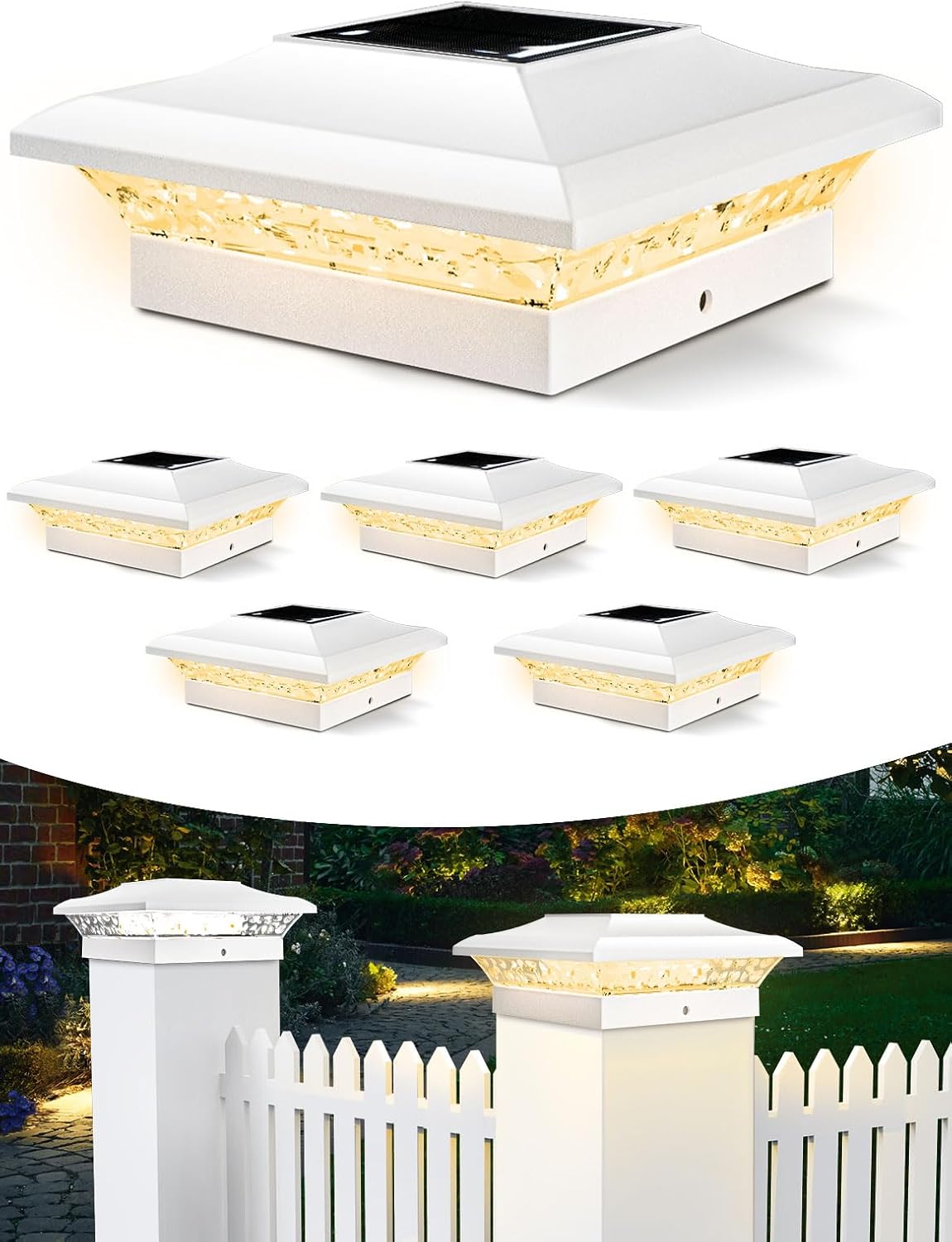 T-SUN 4x4 Post Cap Lights 6 Pack for Vinyl/Wooden Fence,Outdoor Waterproof Warm/Cool White, Deck Solar Post Lights for Patio Garden Yard Lighting