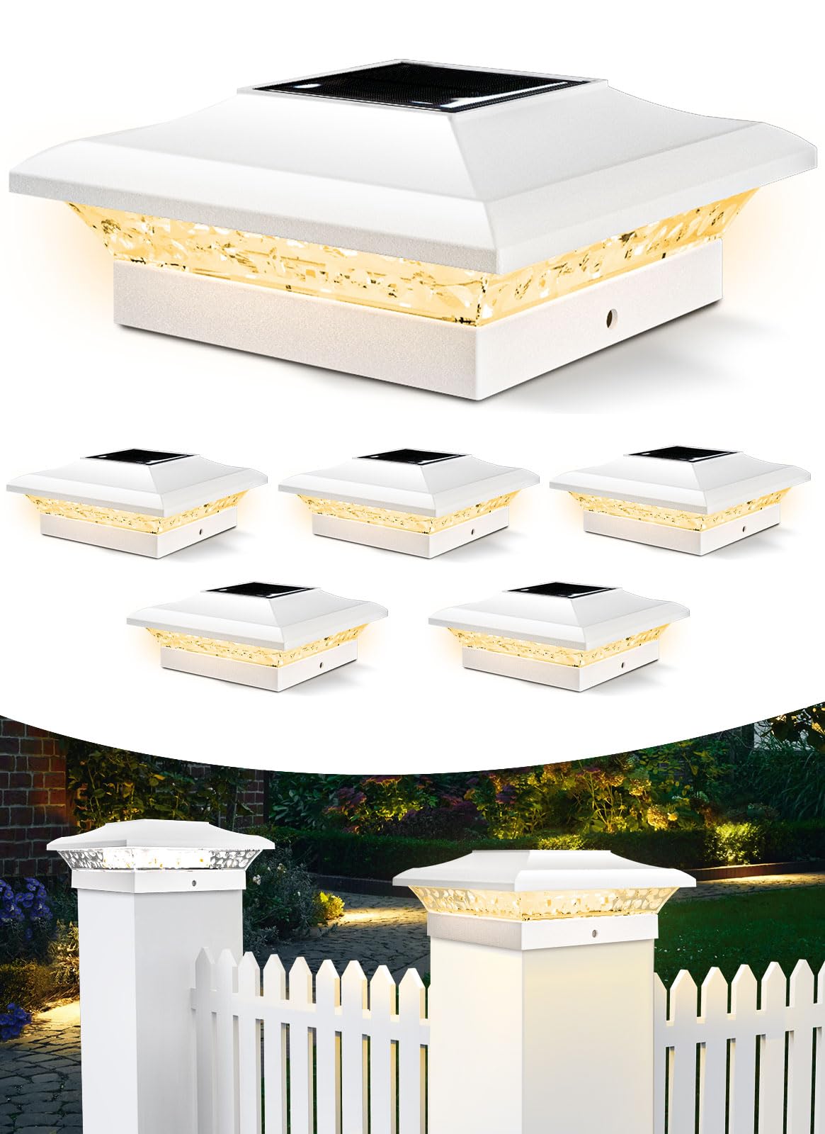 T-SUN 4x4 Post Cap Lights 6 Pack for Vinyl/Wooden Fence,Outdoor Waterproof Warm/Cool White, Deck Solar Post Lights for Patio Garden Yard Lighting