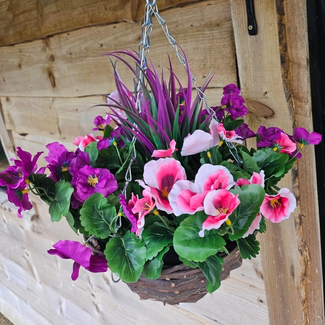 Best Artificial Pink & Purple 10" Wicker Rattan Basket With 30Cm Pansy Flower Display - Suitable For Outdoor, Indoor And Garden (Multi Listing) (Pink & Purple)
