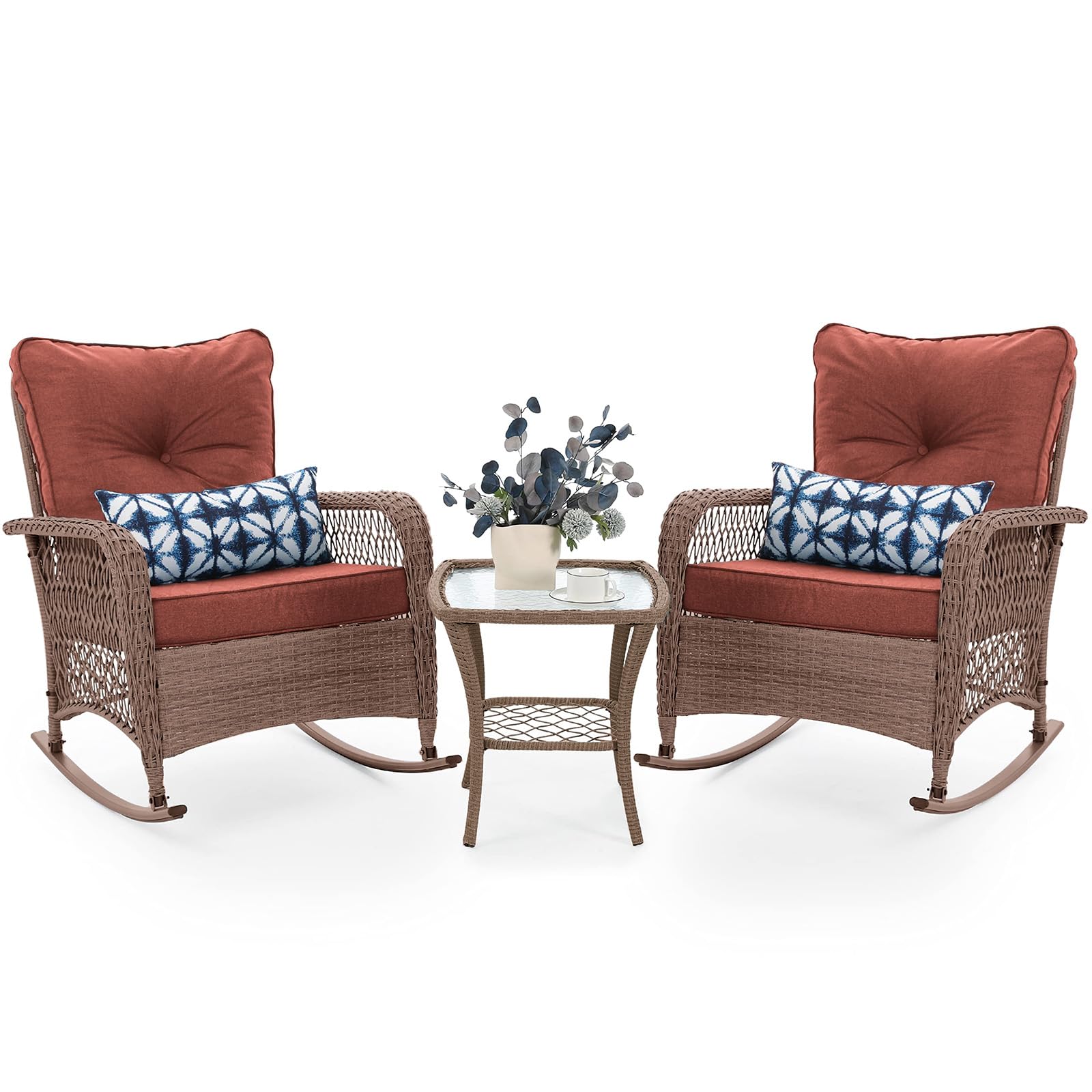 UDPATIO 3 Piece Patio Furniture Set, Wicker Rocking Bistro Set with 2 Rockers, 1 Side Table and 4‘’ Thick Cushions for Backyard, Porch, Balcony,