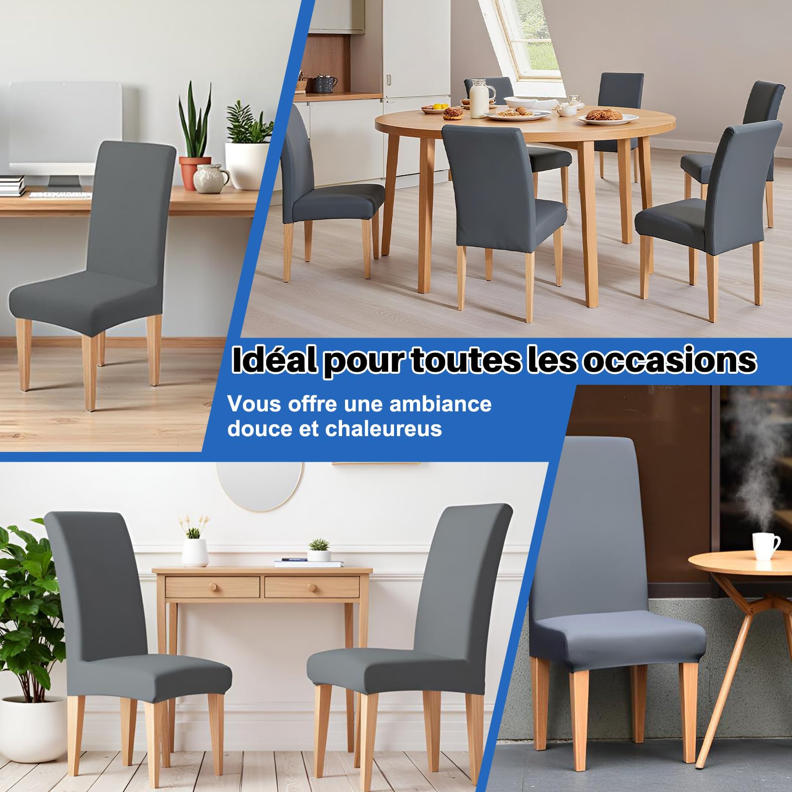 Housse de Chaise Extensible 4 Pièces Amovible Lavable Gris pour Salle à Manger Hôtel