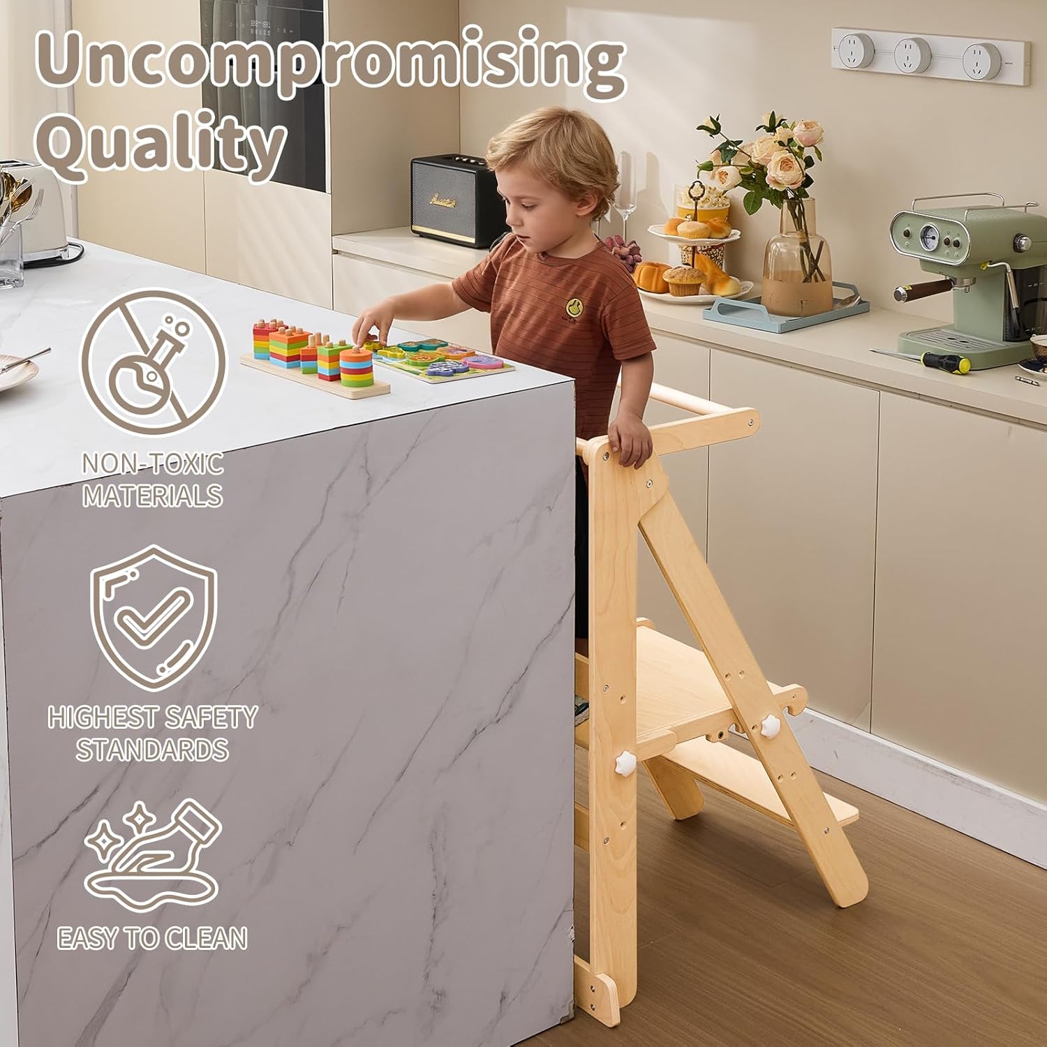 Foldable Toddler Learning Standing Tower, WOOD CITY Montessori Kitchen Step Stool Helper with 3 Adjustable Heights Learning Kitchen Tower (Natural)
