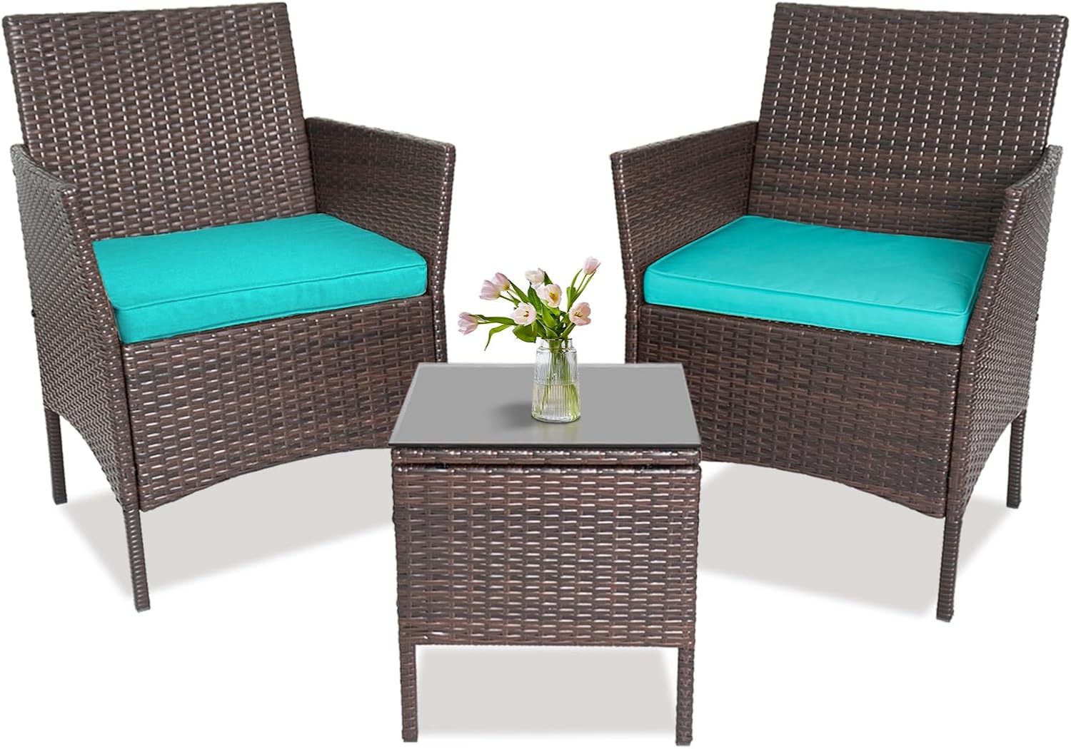 3-Piece Patio Furniture Set Wicker 3 Pcs Outdoor Furniture Set w/Washable Cushion and Tempered Glass Tabletop, Conversation Set for Backyard,Blue