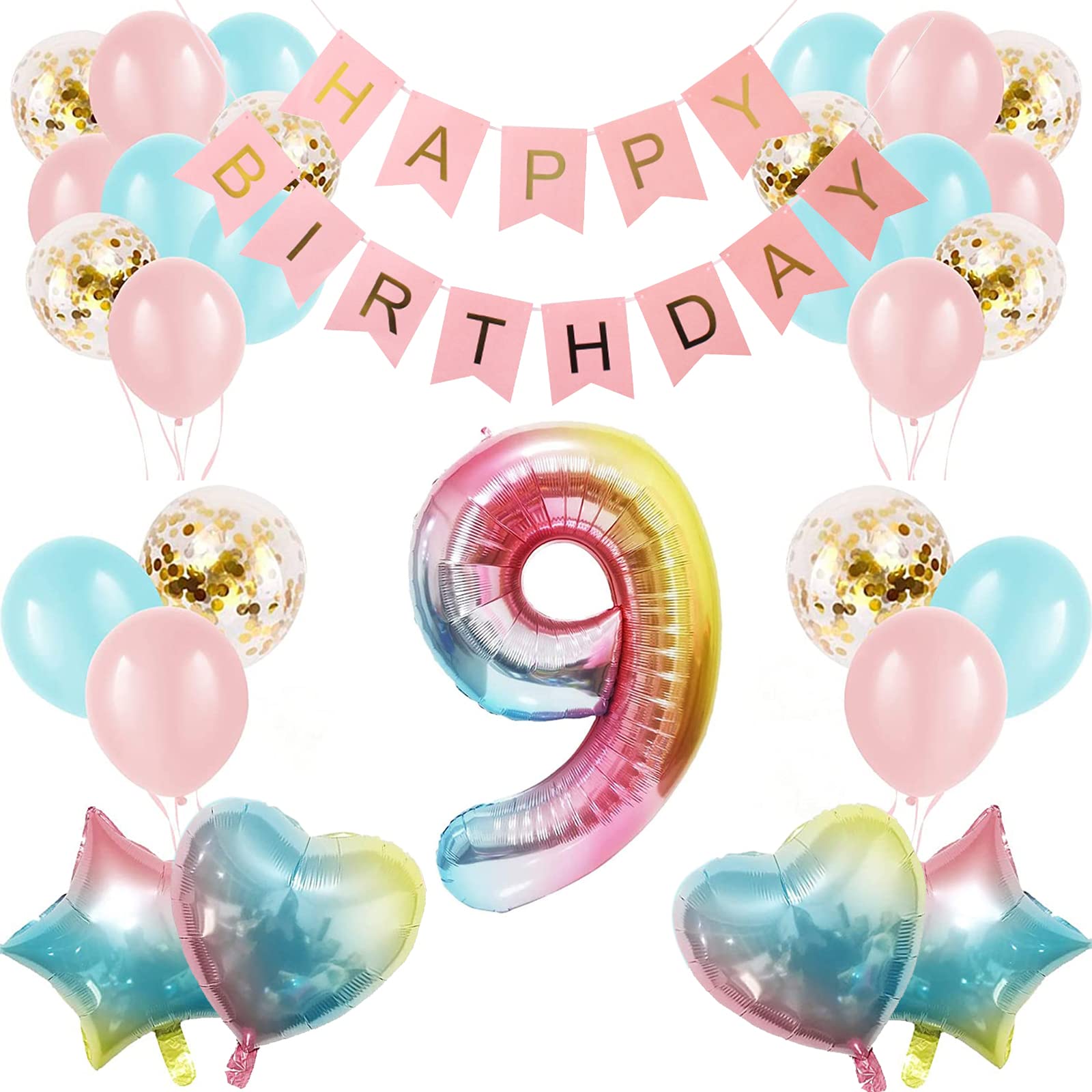 Girl 9th Birthday Decorations Gradient Color Age 9 Balloon Arch Kit with 40 inch Number 9 Foil Balloon Happy Birthday Banner & 28 Latex Balloons for Ninth Birthday Party (9th Birthday Balloon Set)