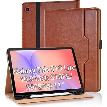 Case for Samsung Galaxy Tab S10lite/S10 FE/S9 FE 10.9 inch/S9 11 Inch with Document Slots Premium PU Leather Canvas Folio Stand Protective Case Cover Case with Auto Sleep/Wake Brown