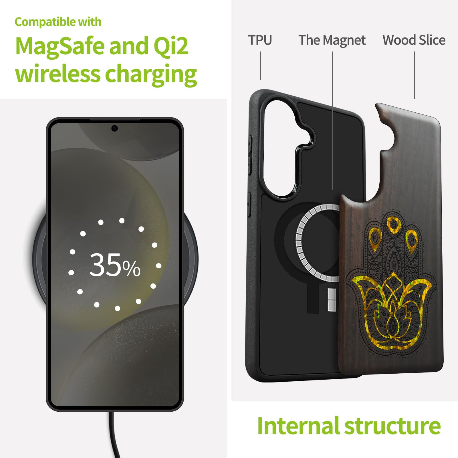 Carveit Drewniane magnetyczne etui na telefon komórkowy Samsung S26 [drewniany grawerunek i wkładka muszlay] osłona zderzaka kompatybilna z Galaxy S26 Case (wzór hamsa zdobiony ciemnym drewnem)
