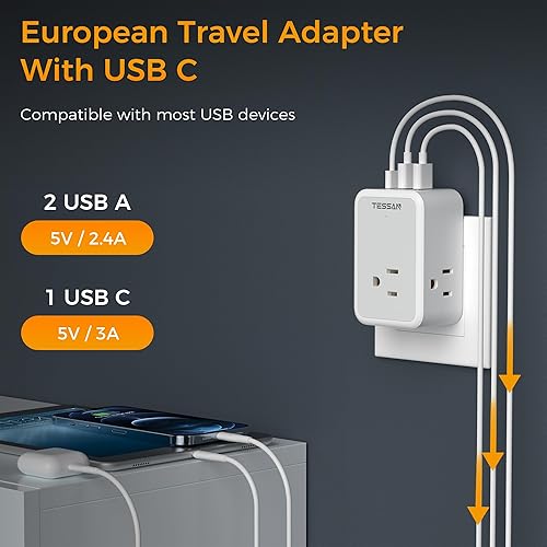 Miniatura 5 de TESSAN - Paquete de 2 adaptadores de enchufe de viaje europeos, adaptador de corriente TESSAN de Estados Unidos a Europa, 3 tomas, 3 puertos USB (1