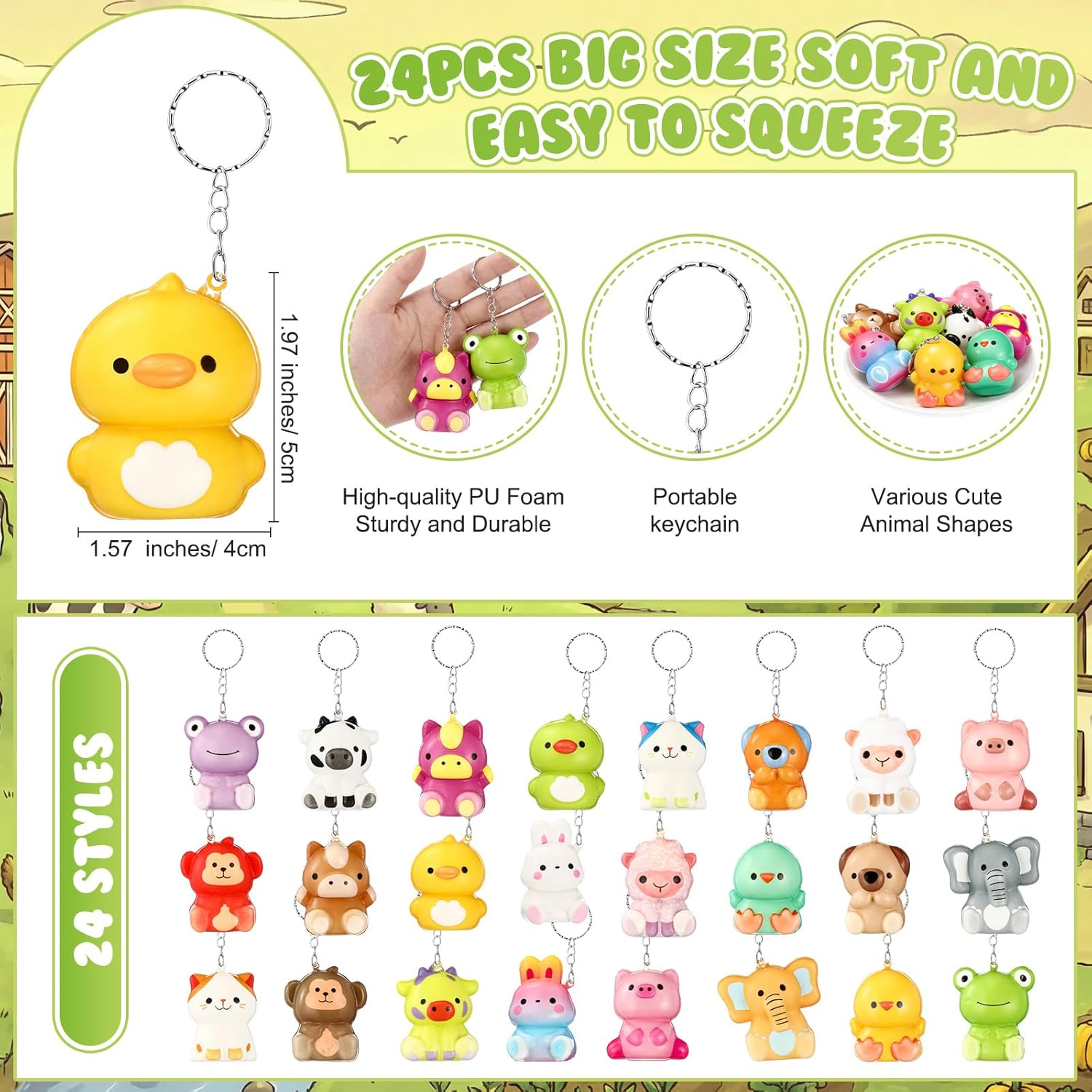 Soulchen 24 Set Cute Animal Stress Balls Keychains Squeeze Desk Fidget Pets with Positive Cards for Teacher Students Coworker Employee Office Staff Volunteer Gifts