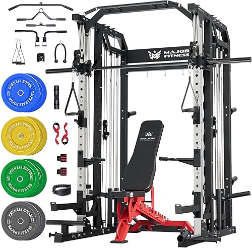 Vista 11 de Major Fitness Drone2 Smith△ Máquina – Estantería de Sentadilla Todo en Uno para Gimnasio en Casa con Barra de Peso, Sistemas Duales de Tracción LAT