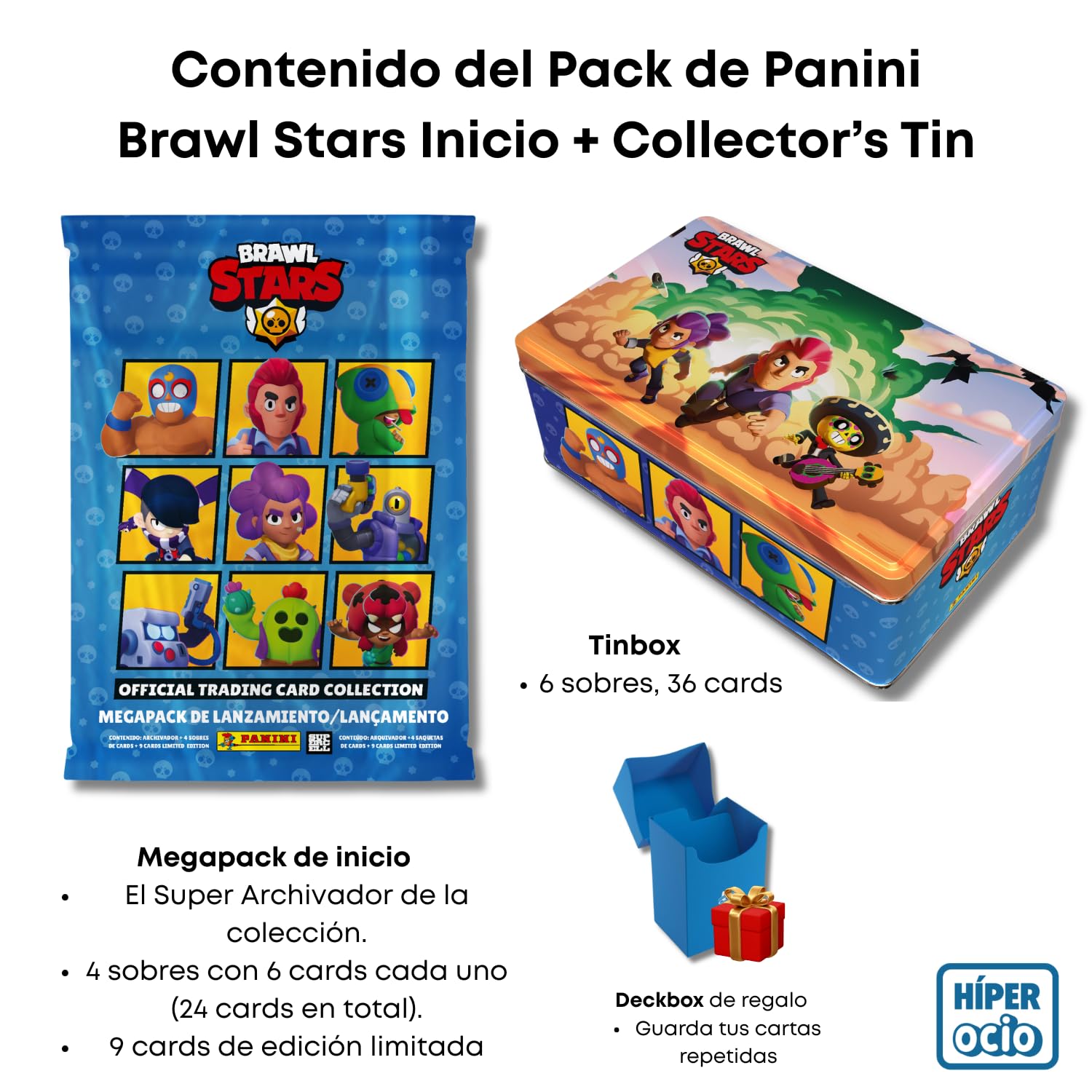 Panini Brawl Stars Pack Coleccionable, Collector's Tin + Megapack Inicio, 60+ Cartas, 9 Edición Limitada, Álbum y Deck Box