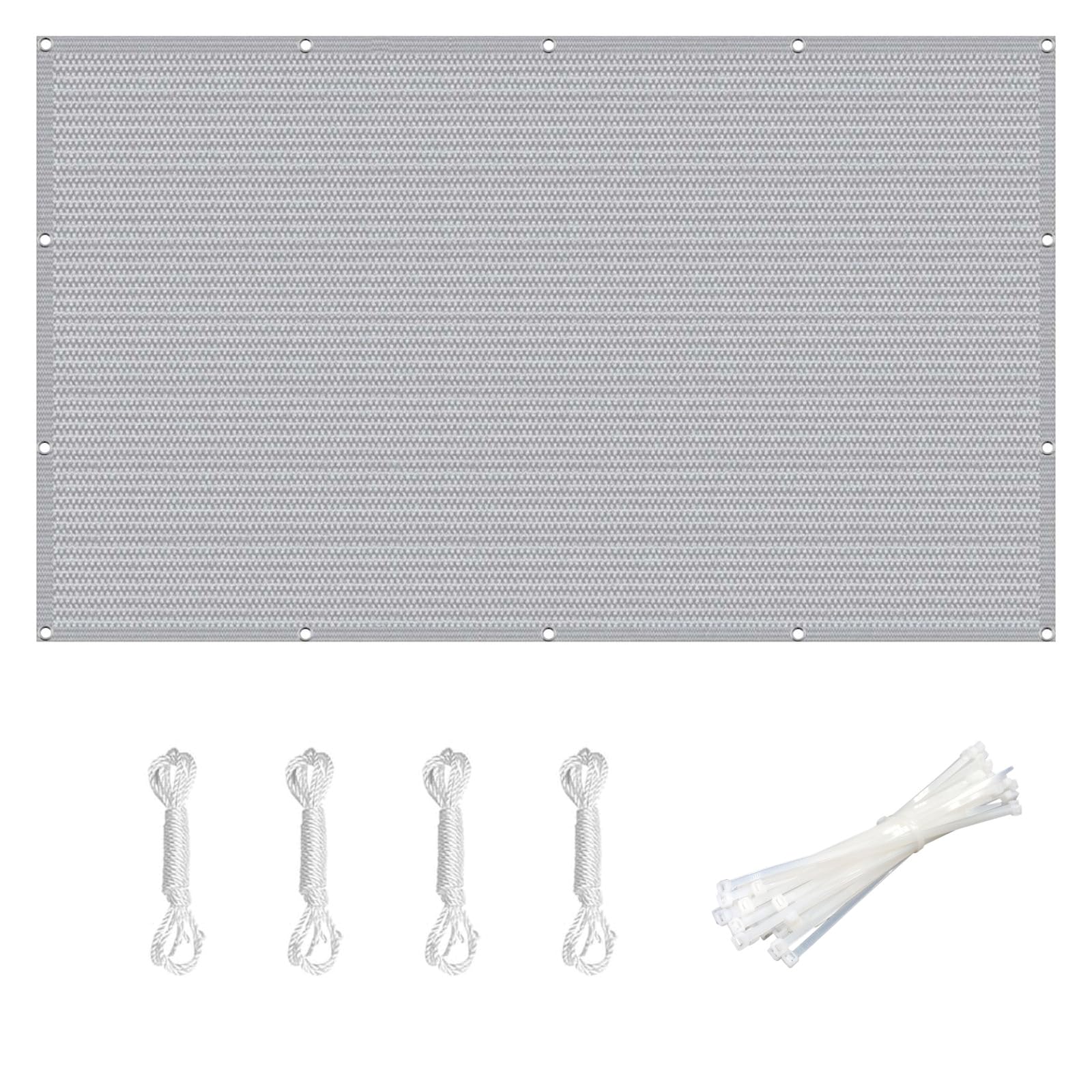 Tkanina Zaciemniająca 195 x 245 cm Oddychające HDPE – 95% Blokady Uv, 90% Zacienienia Siatka Cieniująca Z Oczkami Z Oczkami, Z Linką I Opaskami Kablowymi Do Na Balkon, Jasny szary