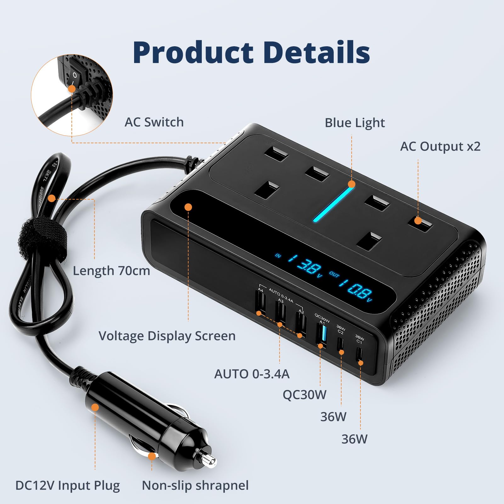 8 in 1 200W Car Power Inverter with 2 Sockets, 4 USB Ports and 2 Type-C Ports,Car Charger Adapter Convert 12V to 240V 230V AC Auto Power Inverter for Camping Van Caravan — view 2