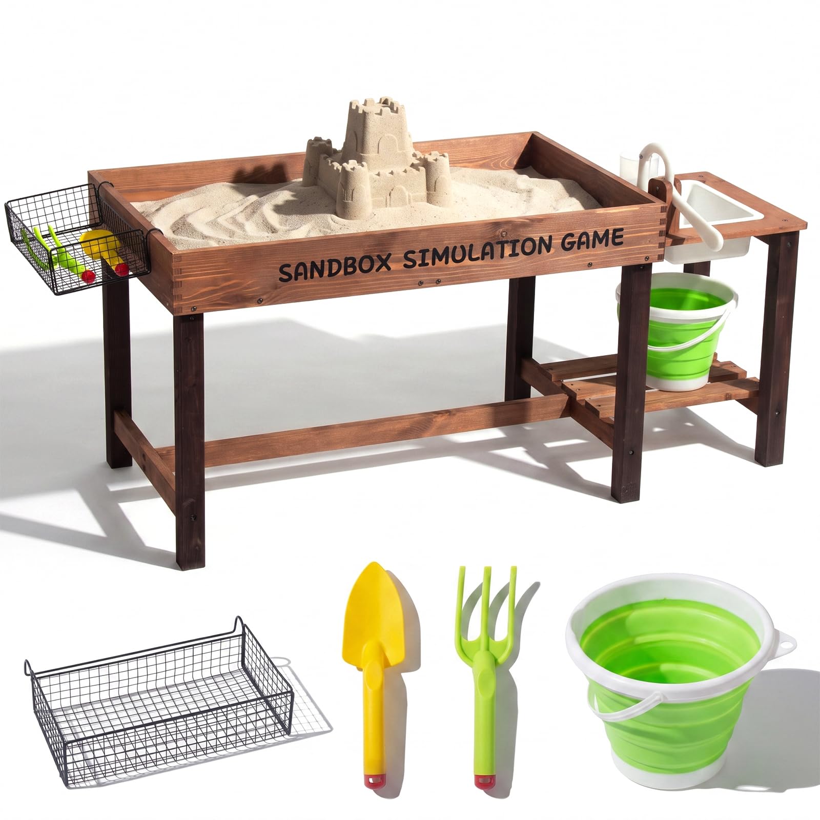 WOODENFUN Kuchnia błotna dla dzieci, do użytku na zewnątrz, z dekoracjami, drewnianymi akcesoriami, zlewozmywakiem, wiadrem, łopatkami do piasku, widelcami, piaskownica do ogrodu, zabawka plażowa