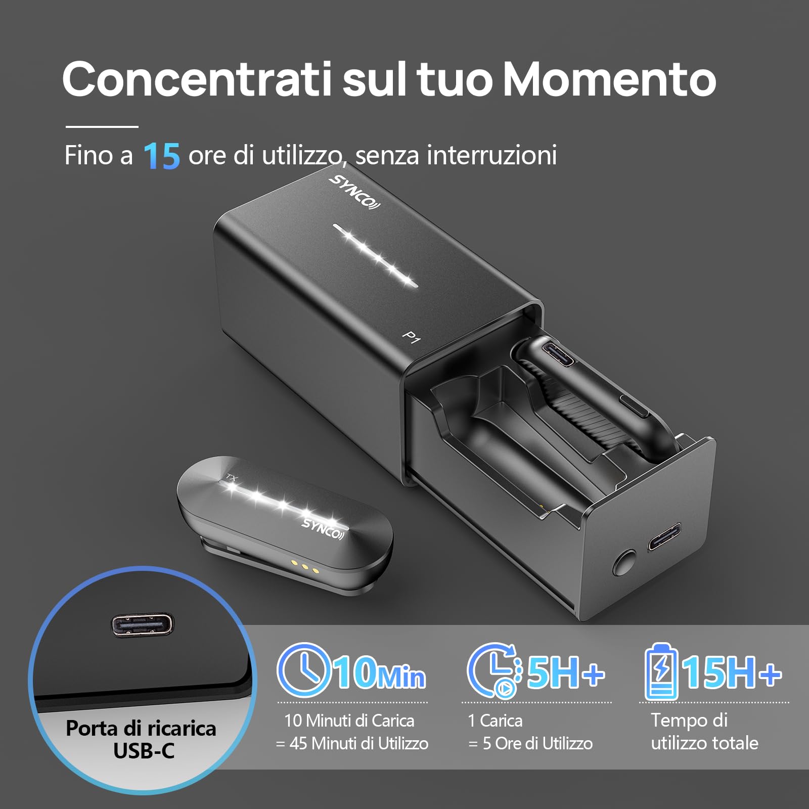 SYNCO Microfono lavalier senza fili per iPhone, P1SL 2.4Ghz Microfono Lavalier Wireless con Custodia di Ricarica per iPad 【Certificazione MFi】, Microfono-Lavalier-Wireless-iphone-Lightning