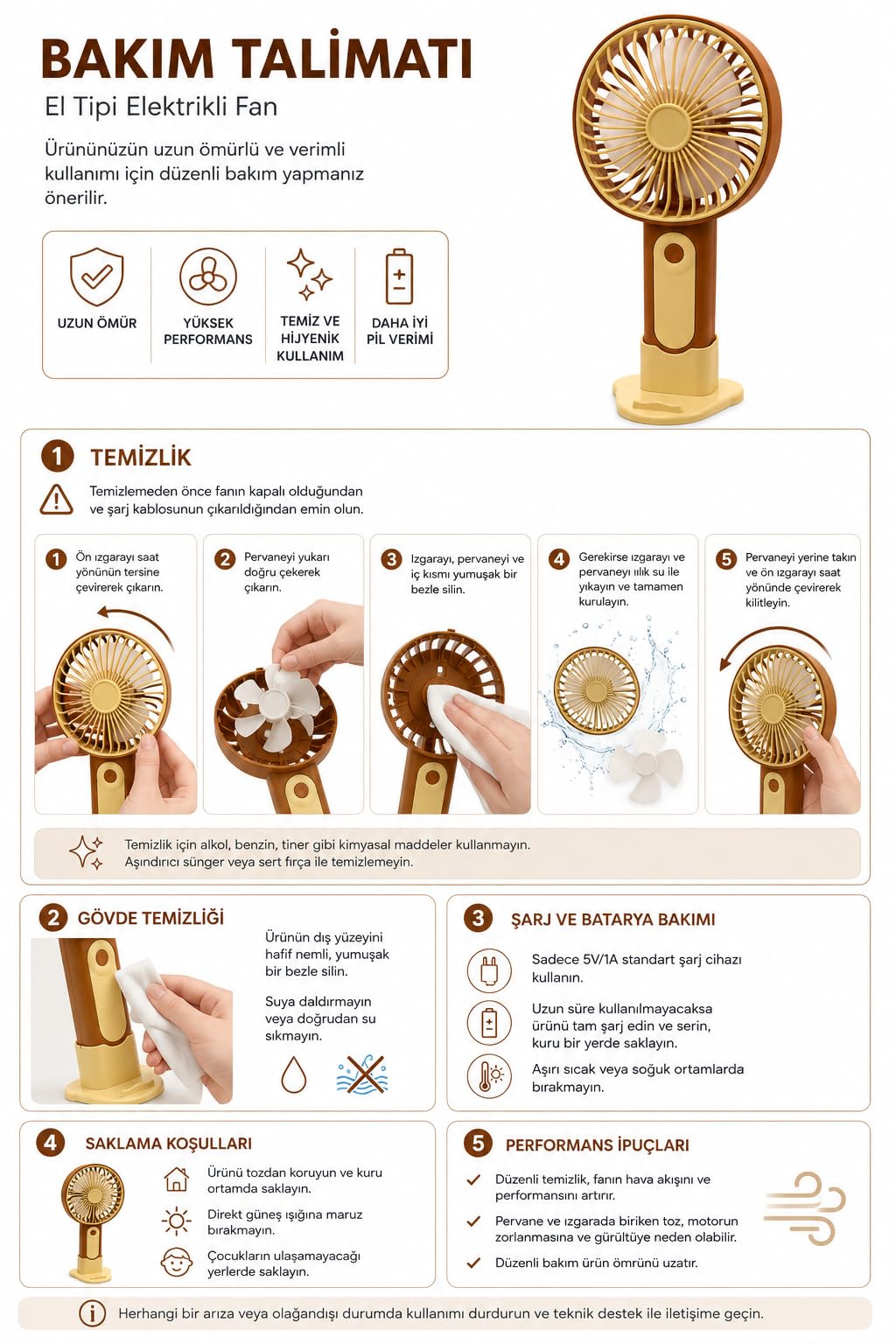 Mini El Fanı USB Şarjlı Type-C Bağlantılı 3 Kademeli Taşınabilir Elektrikli Fan Masaüstü ve El Tipi Kullanım Kahverengi Renk Serinletici Fan