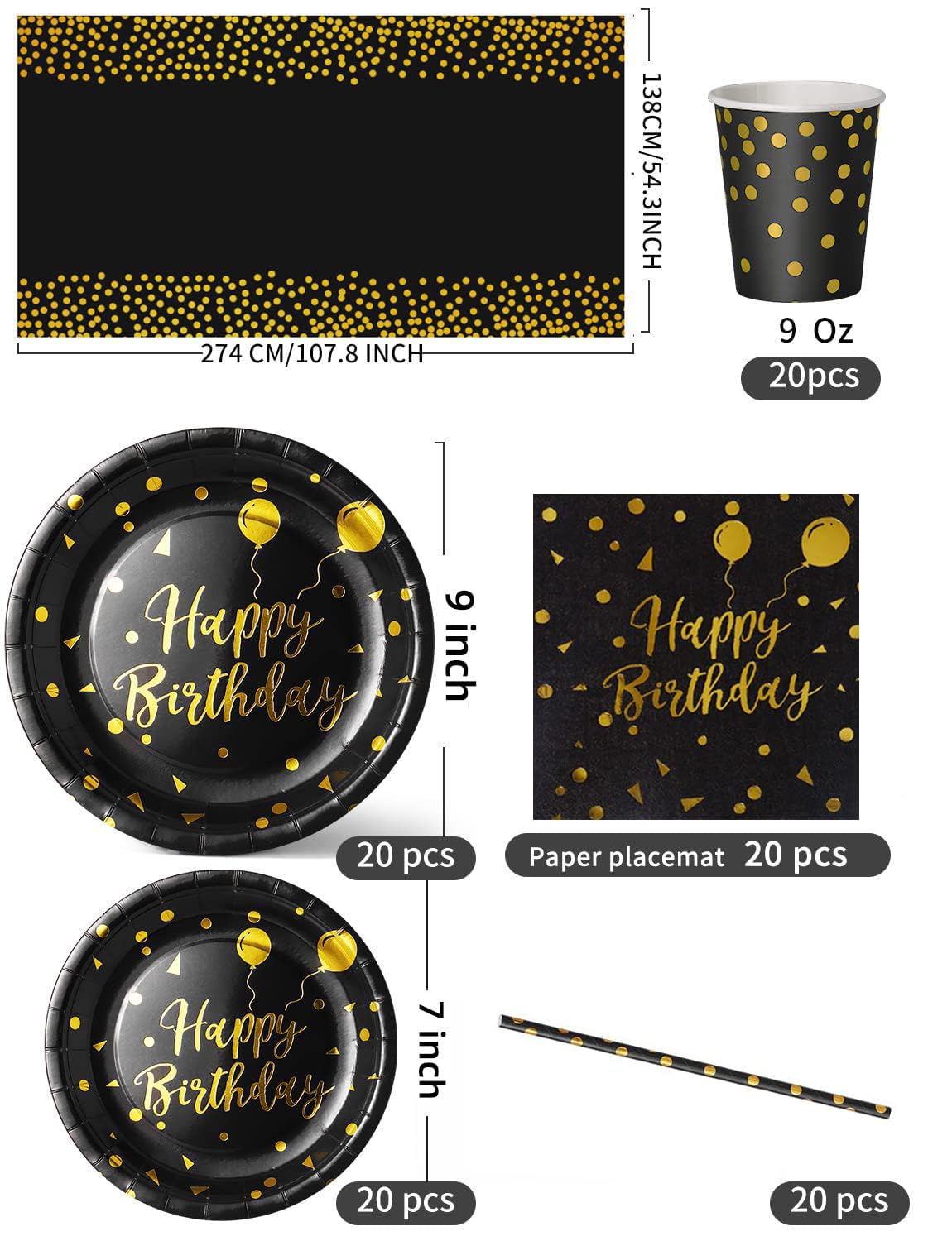 Nkaiso Compleanno Stoviglie per Feste, 20 Ospiti Nero Oro Stoviglie Carta Set Include Piatti di Carta Tovaglioli Tazze Riutilizzabili Stoviglie Decorazioni per Feste per Bambini