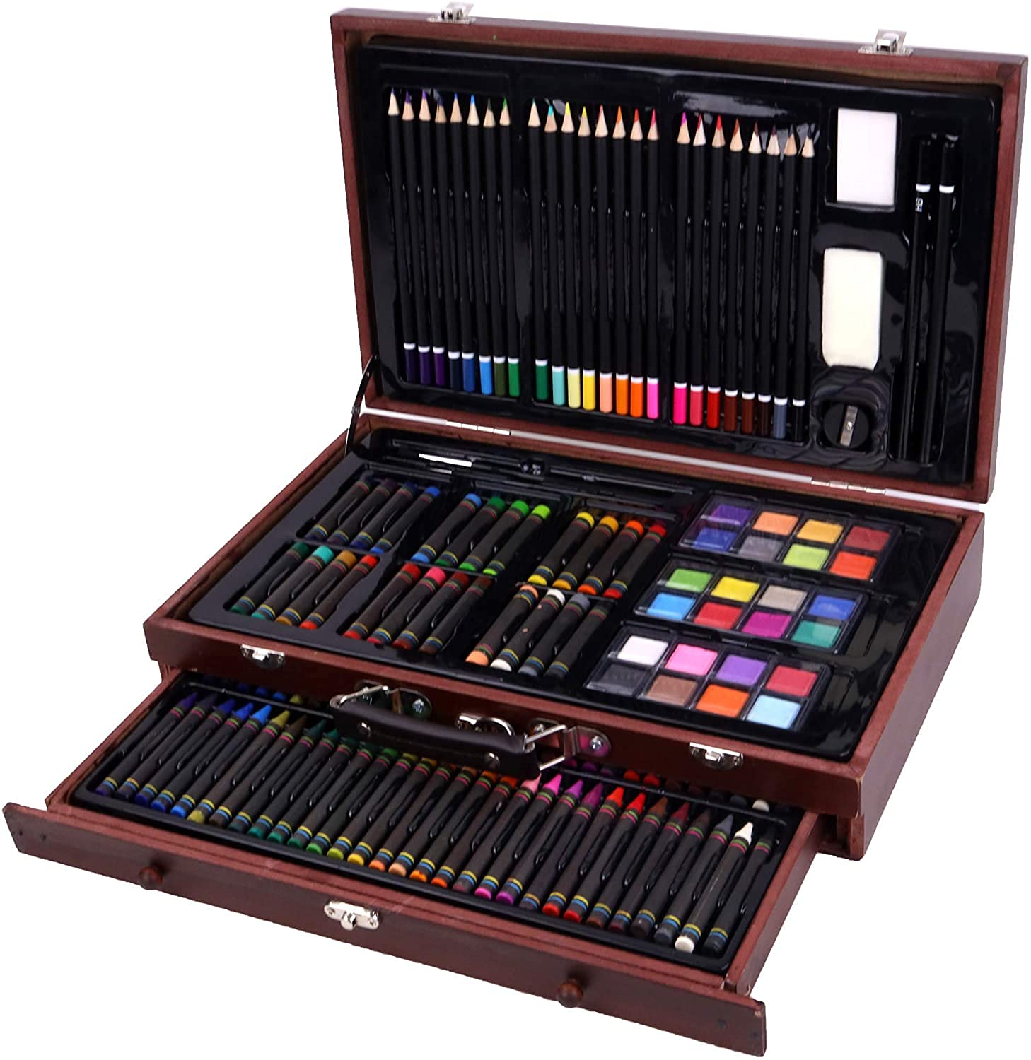 Maletín de madera, 140 piezas para colorear y dibujo, pintura y pastel, con  cajones y accesorios (maletín de 140 piezas) : Amazon.es: Juguetes y juegos
