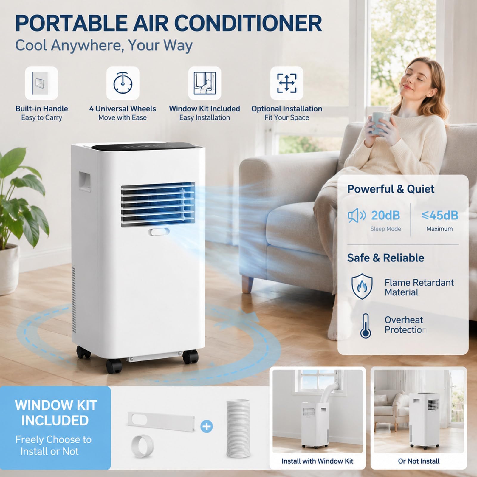 Billg Aire Acondicionado Portátil sin Tubo Exterior Enfriador de Aire sin Instalación con Mando Climatizador, Temporizador 24h, Bajo Consumo para Dormitorio y Cocina