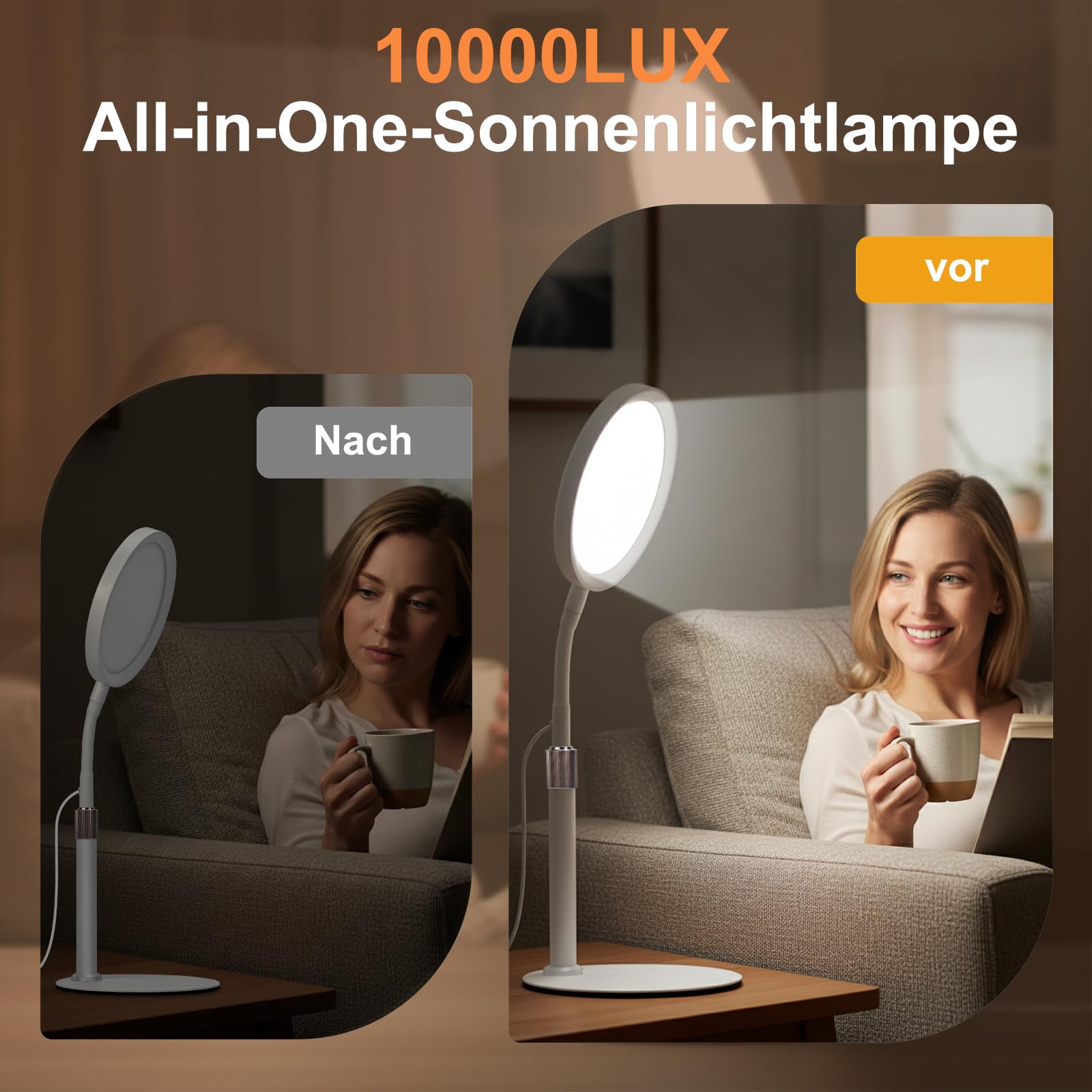 Tageslichtlampe, 10000 Lux, 3 Farbtemperaturen, 9 Helligkeitsstufen und Timer, Ideal für Lesen/Büro/Schlafzimmer (weiß)