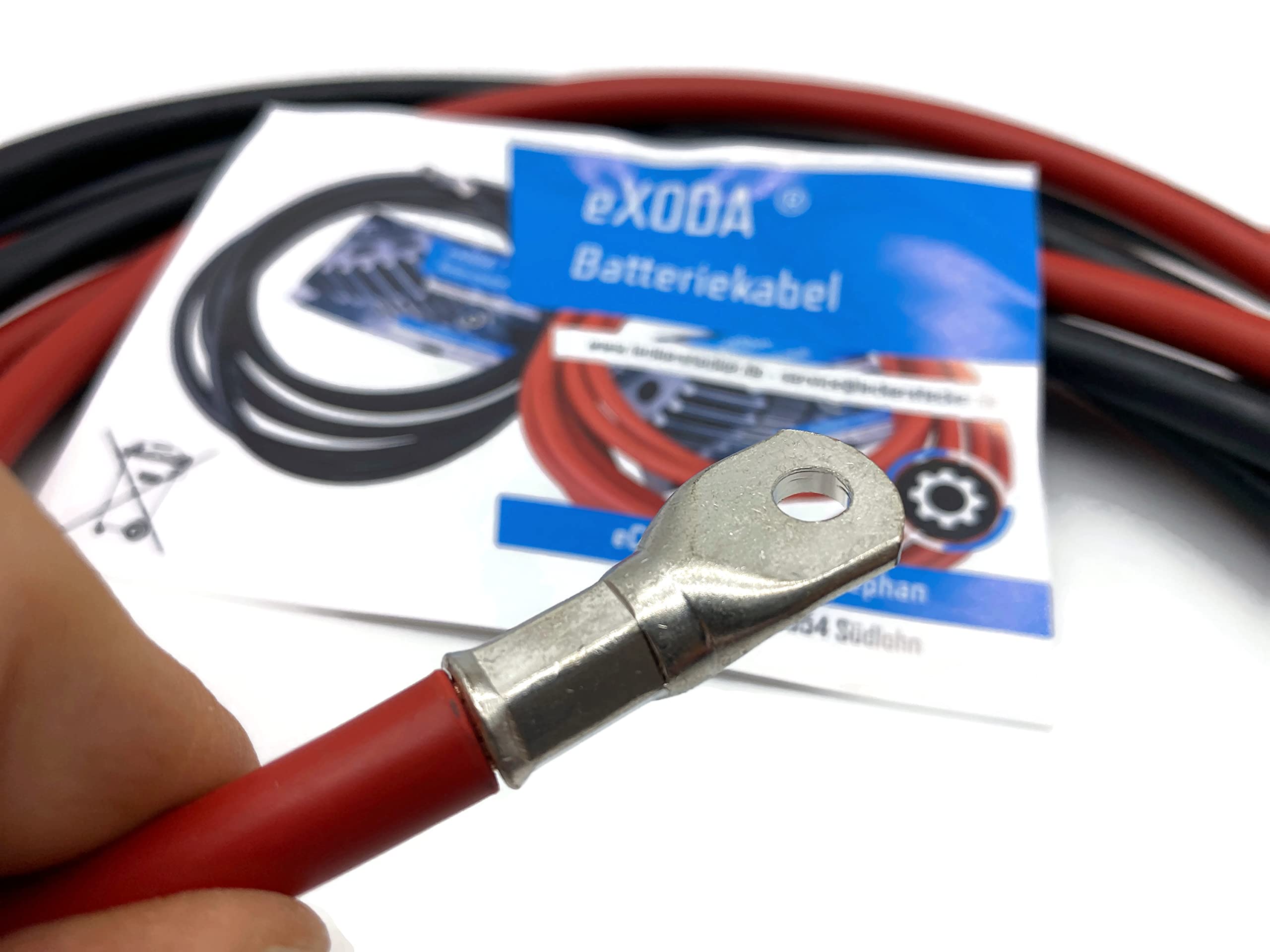 Exoda juego de cables de bateria 35 mm² 300cm rojo negro M6 | Cable de batería, sección transversal 35 mm², longitud 300 cm, altamente flexible, resistente al calor hasta 70 °C, M6 Ø 6,7