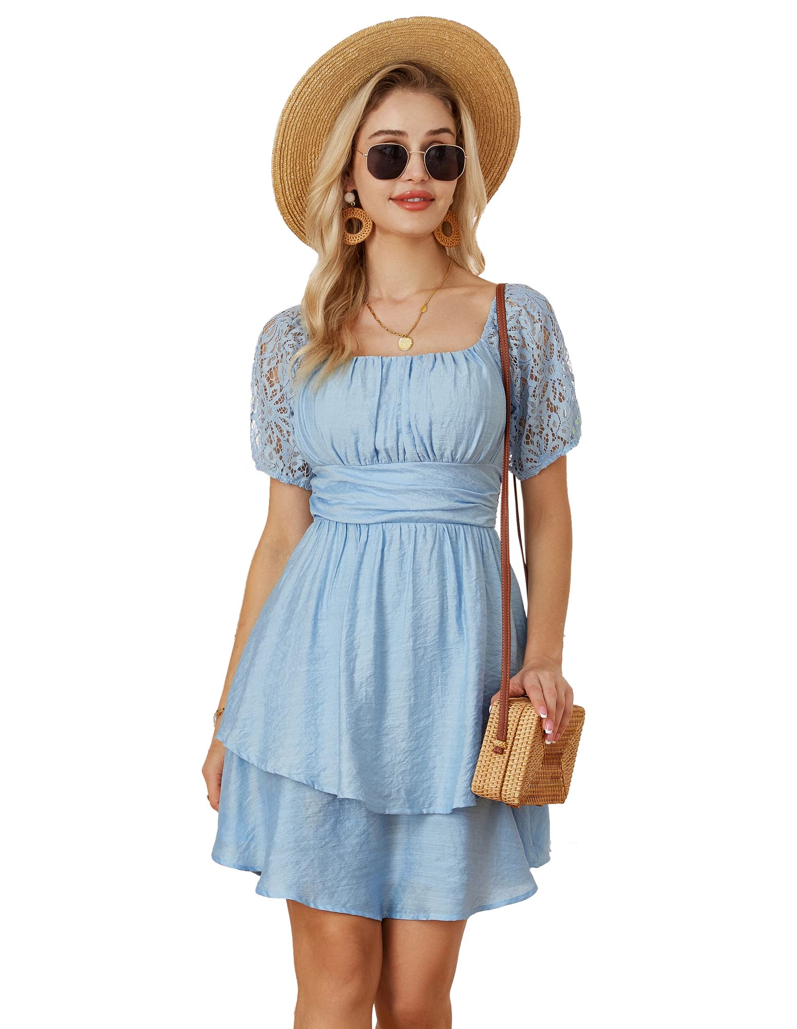 GRACE KARINWomen Elegant Lace Short Sleeves Smock Dresses Bow-Tie 2-Layer A Line Summer Mini Dress