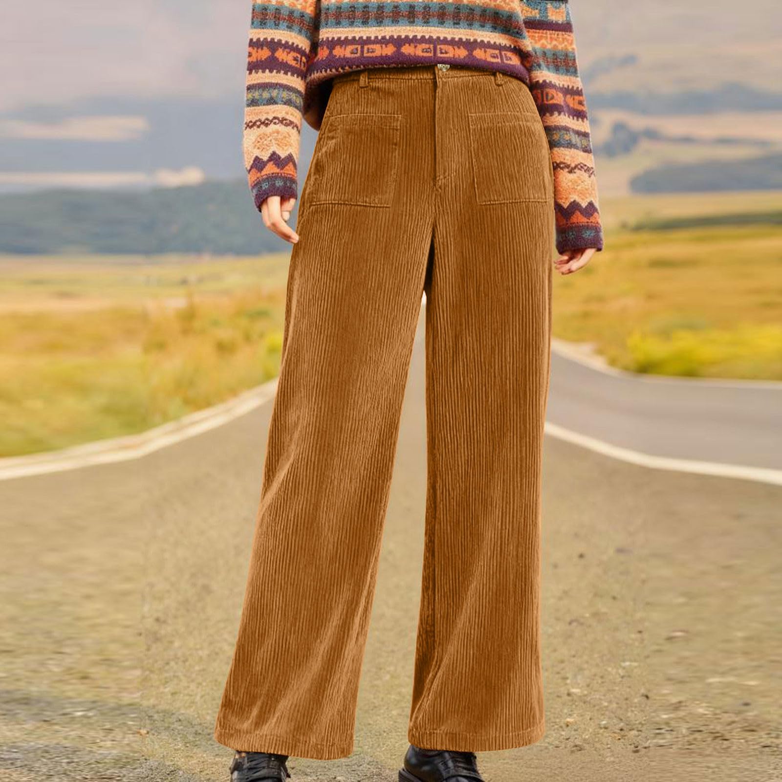 Womens Corduroy Pants Casual Fall High Waisted Wide Leg Pants Loose Stretchy Business Work Trousers with Pockets