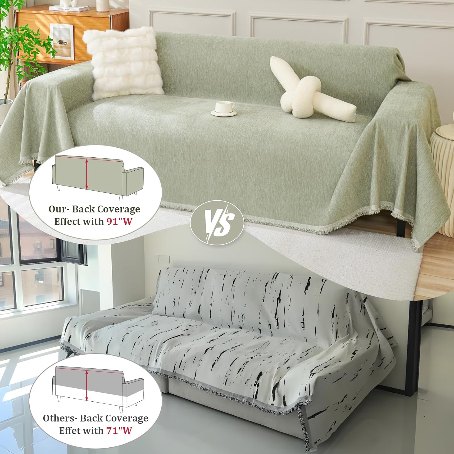 Chenille Sofa Cover 91"x118" Extra Wide Washable Couch Covers for 2-3 Cushion L Shape Sectional Sofa Slipcovers Tassel Couch Blanket Cover Furniture Protector for Dogs Pets, Green
